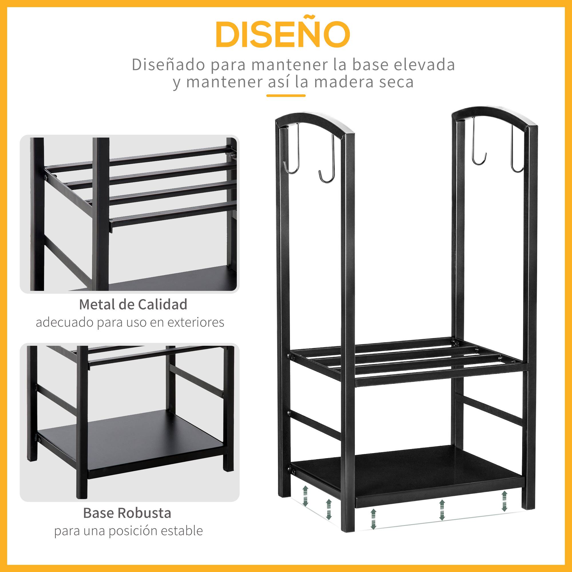 Range-bûches pour cheminée 40 x 30 x 74,5 cm, 2 niveaux, en métal, pour intérieur et, avec 4 accessoires de cheminée. Charge maximale : 100 kg. Noir. - Image 7