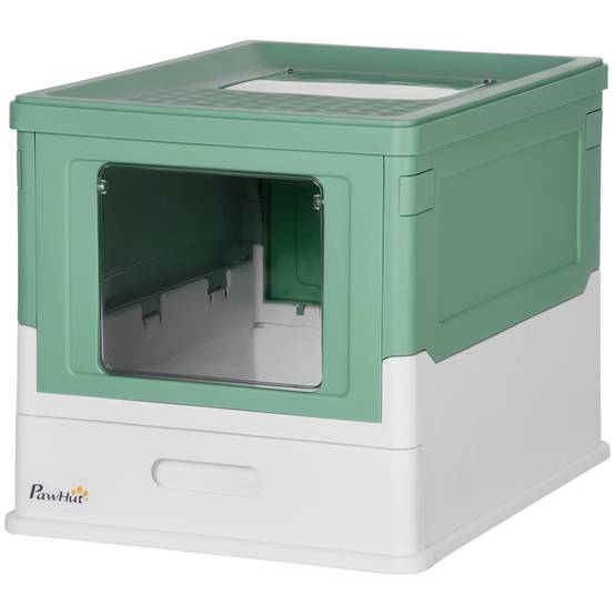 Bac à litière avec couvercle amovible, porte avant et sortie supérieure, pelle incluse, 47,5 x 35,5 x 36,7 cm, vert et blanc. - Image 2