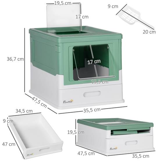 Bac à litière avec couvercle amovible, porte avant et sortie supérieure, pelle incluse, 47,5 x 35,5 x 36,7 cm, vert et blanc. - Image 5