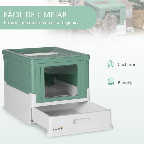 Bac à litière avec couvercle amovible, porte avant et sortie supérieure, pelle incluse, 47,5 x 35,5 x 36,7 cm, vert et blanc. - Image 6