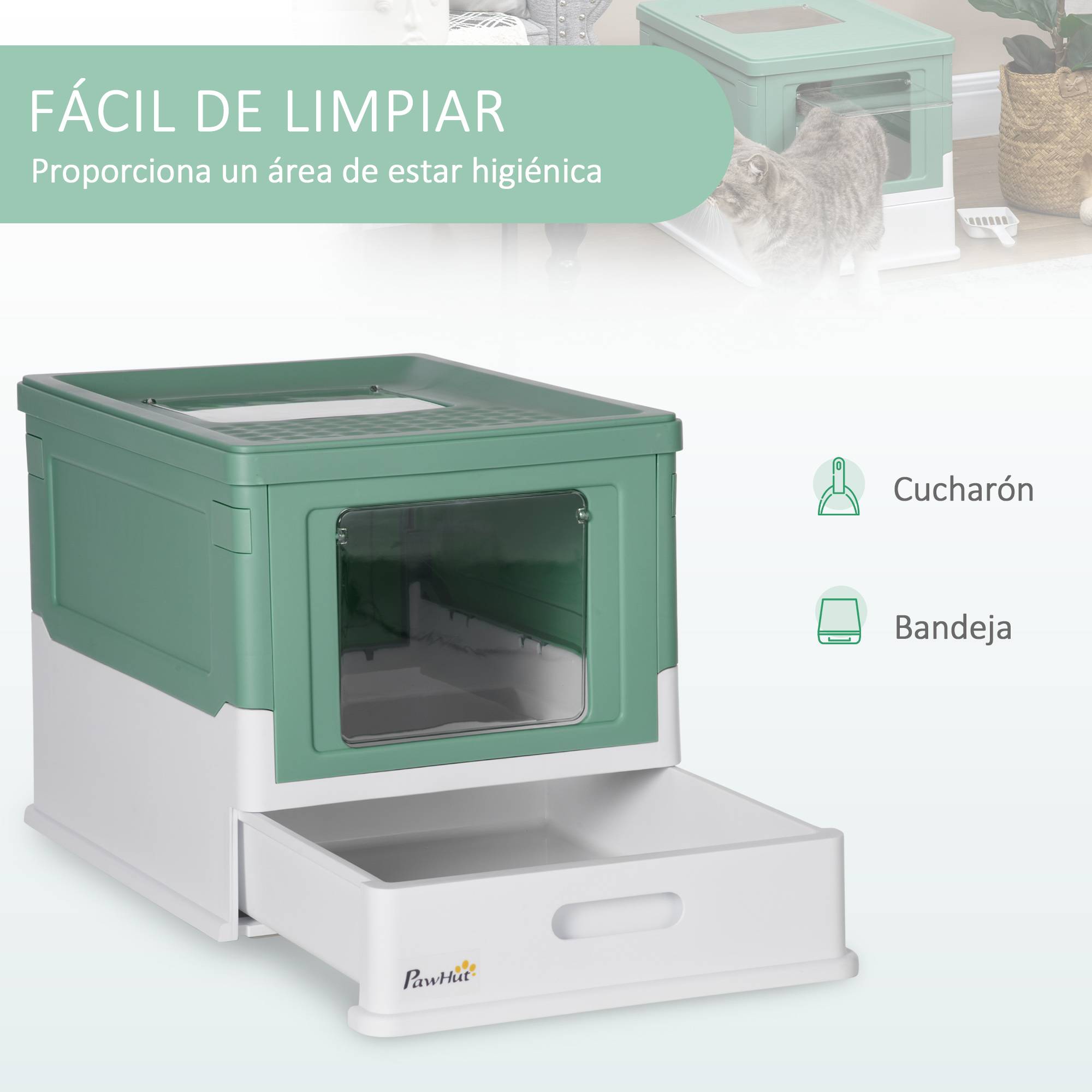 Bac à litière avec couvercle amovible, porte avant et sortie supérieure, pelle incluse, 47,5 x 35,5 x 36,7 cm, vert et blanc. - Image 6