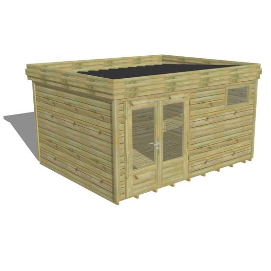 ABRI DE JARDIN bois autoclave 27mm - 4,34x3,44m / 15m2 - Bac acier - Plancher bois - Image 1