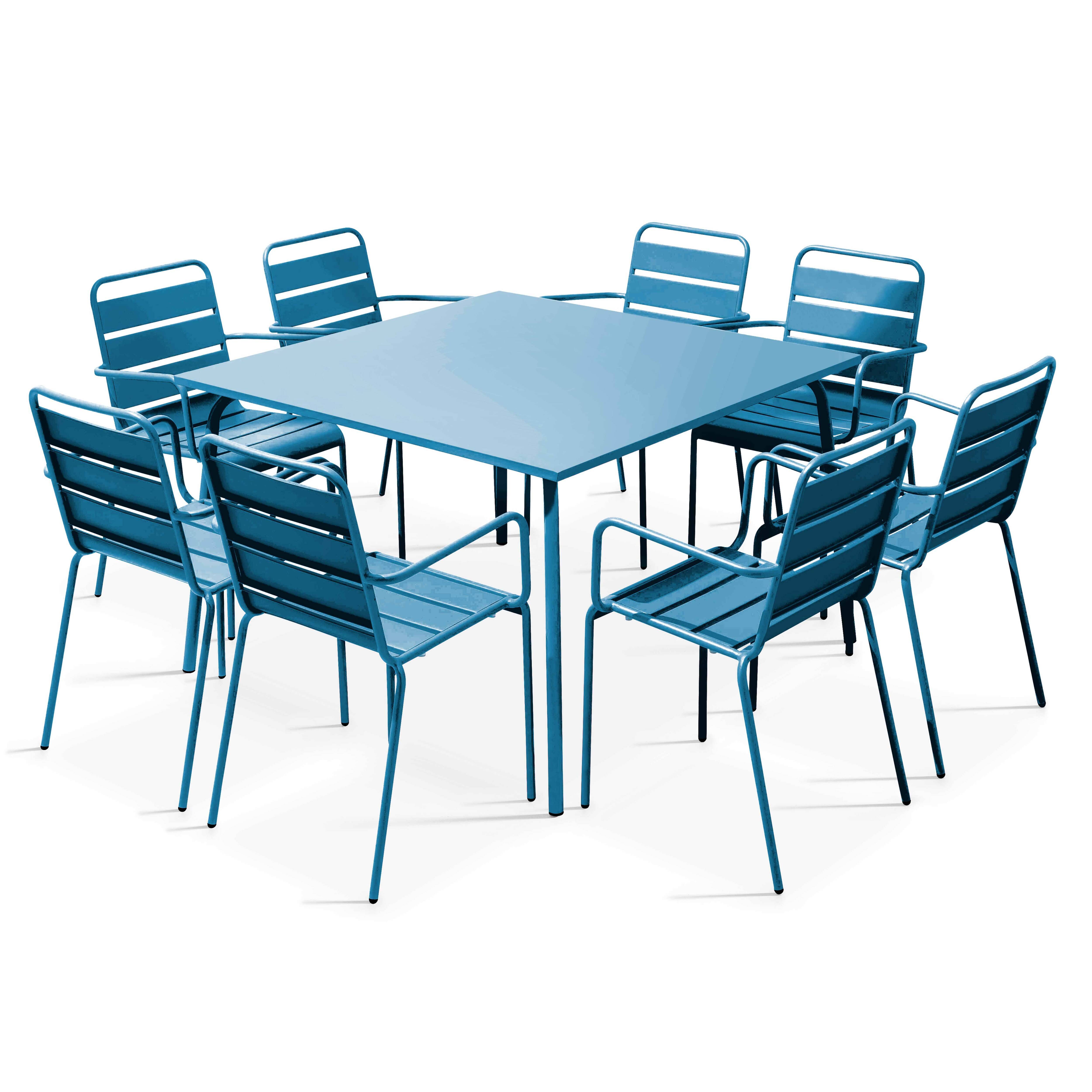 Oviala - Ensemble table de jardin carrée et 8 fauteuils en métal bleu pacific Palavas - Oviala - Image 1