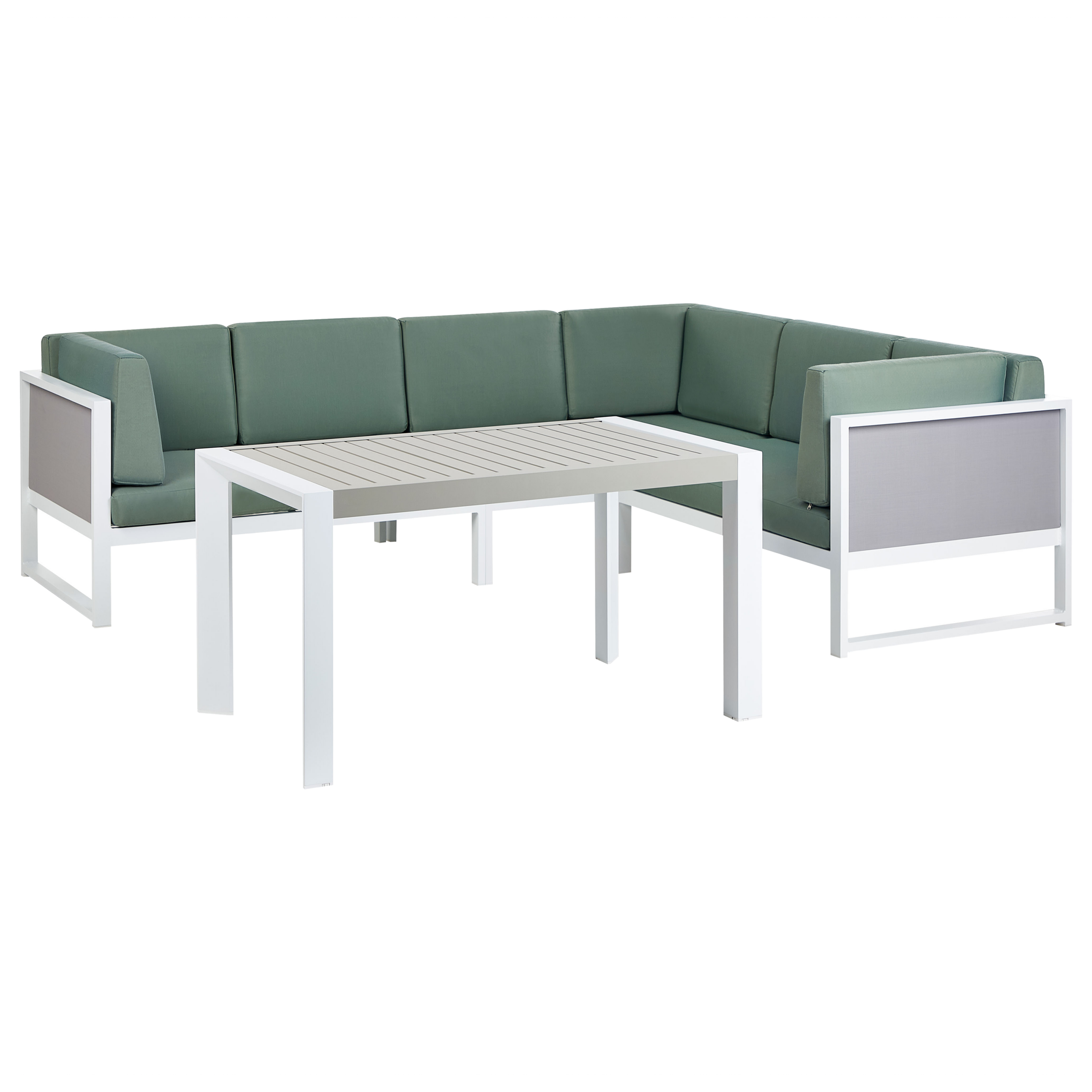 Beliani - Salon de Jardin en Aluminium Blanc Canapé d'Angle avec Coussins Verts et Table Basse Mobilier Extérieur - Image 6