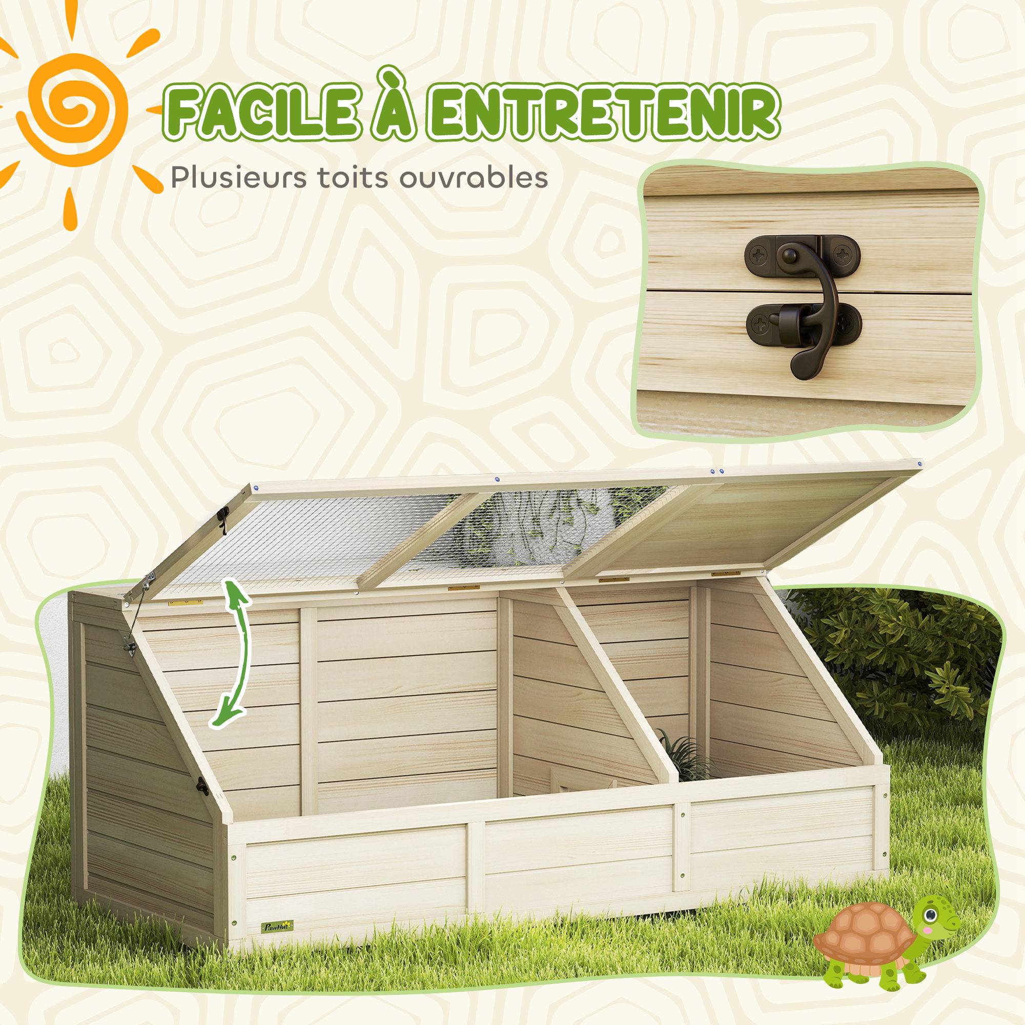 Maison enclos cage pour petit animal tortue en bois avec couvercle ouvrable, loquets, 2 espaces distincts, bois naturel - Image 9