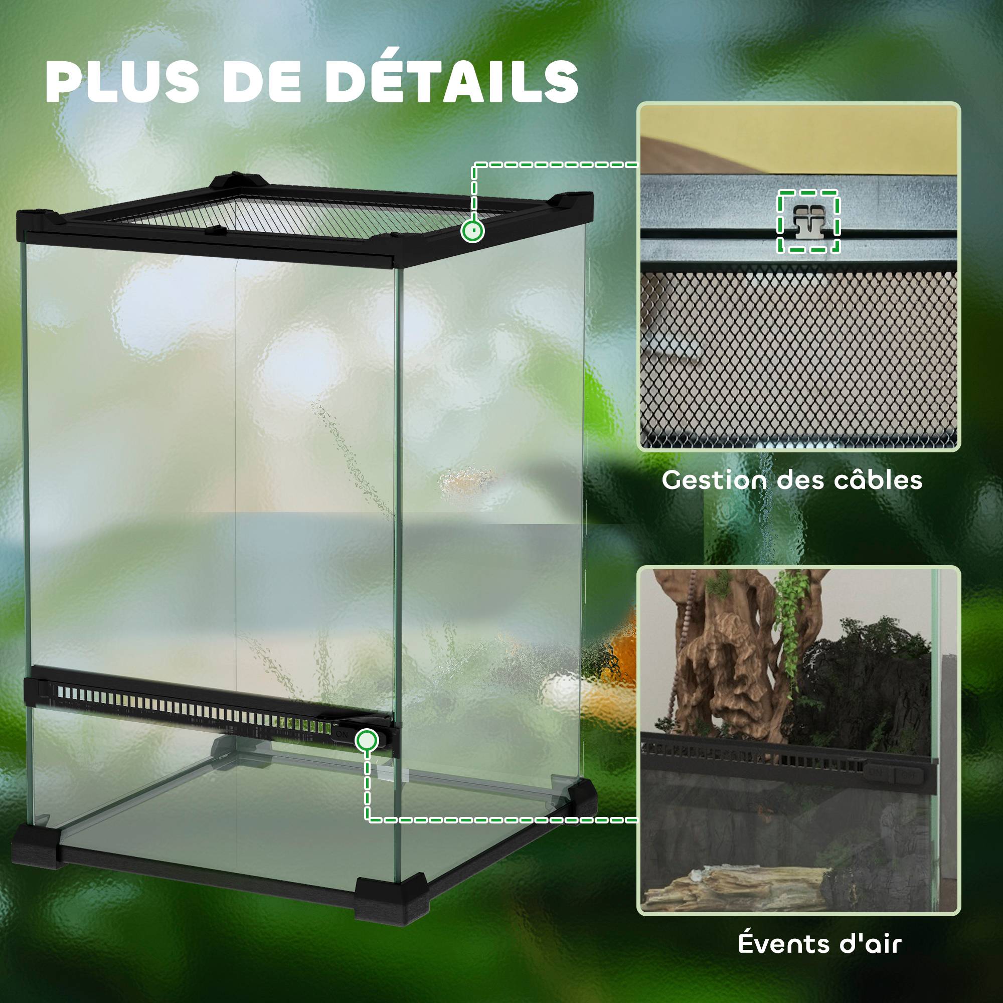 Terrarium en verre pour reptiles vivarium 12 L avec couvercle en treillis métallique, 20 x 20 x 30 cm, noir - Image 10