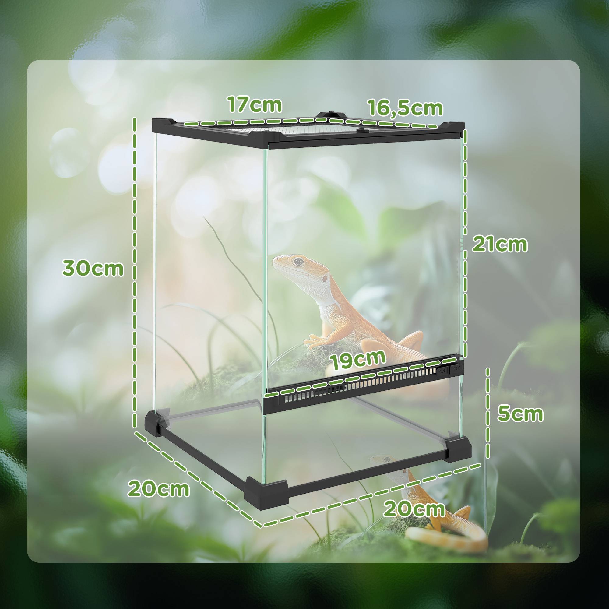 Terrarium en verre pour reptiles vivarium 12 L avec couvercle en treillis métallique, 20 x 20 x 30 cm, noir - Image 5