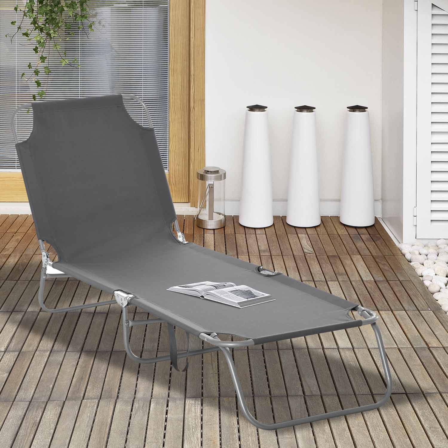 Transat pliant avec dossier inclinable 5 positions, chaise longue de jardin avec assise en tissu Oxford respirant, pour la plage,187 x 55 x 24 cm - Image 3