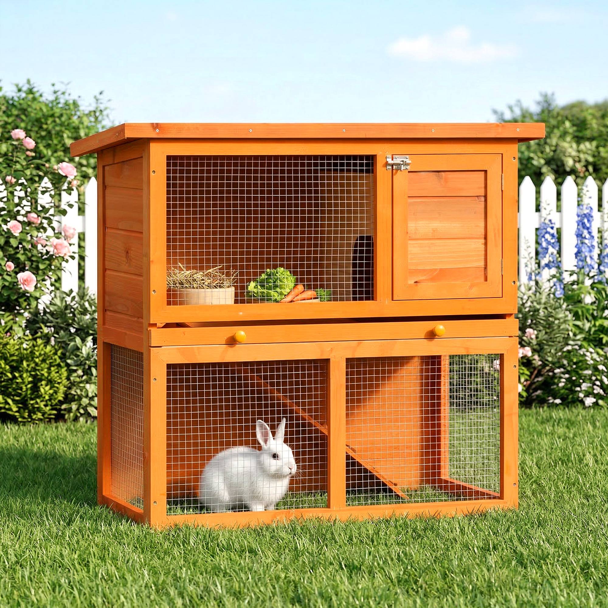 Clapier à lapin cage à lapin 2 étages plateau coulissant rampe et toit ouvrant 90L x 45l x 80H cm - Image 3