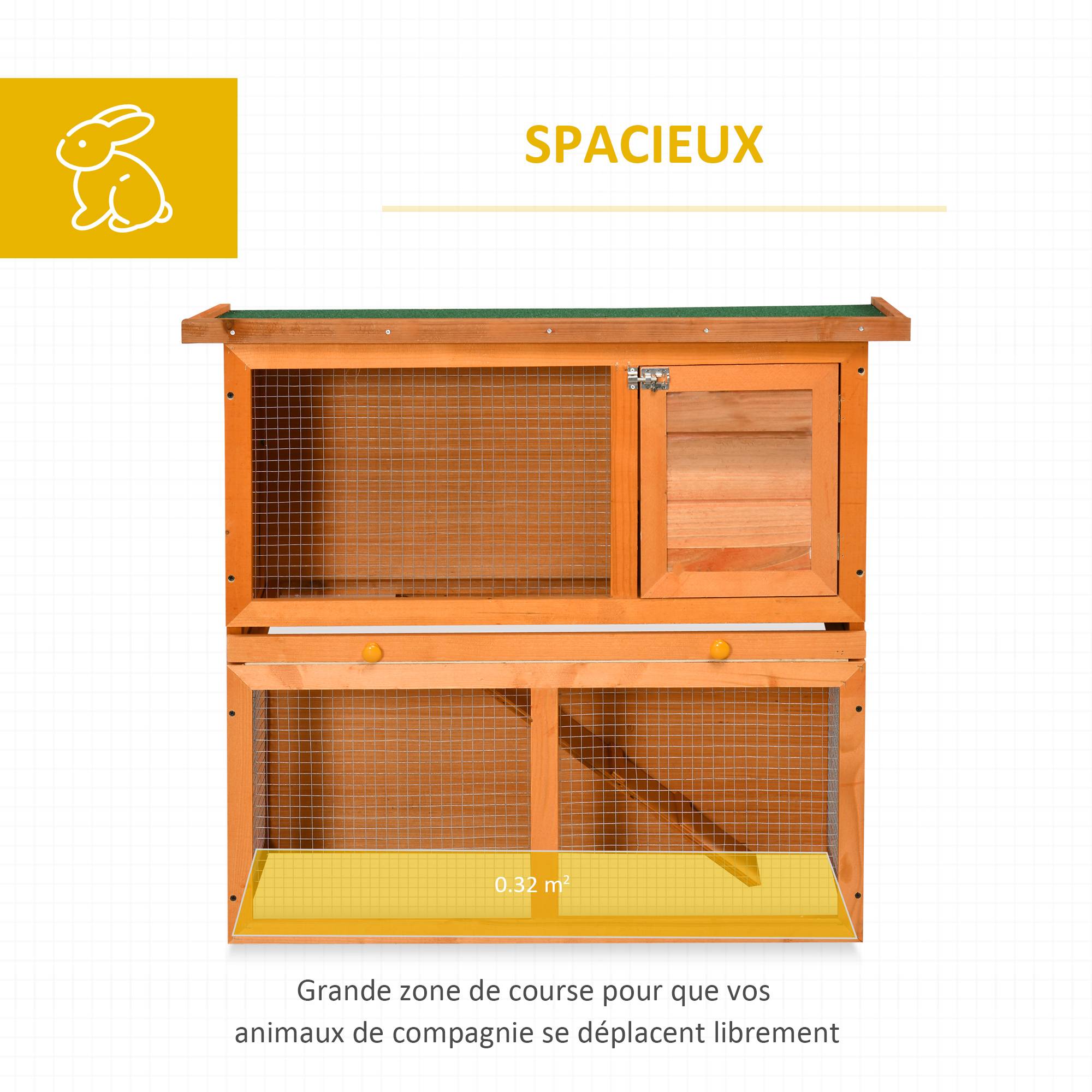 Clapier à lapin cage à lapin 2 étages plateau coulissant rampe et toit ouvrant 90L x 45l x 80H cm - Image 6