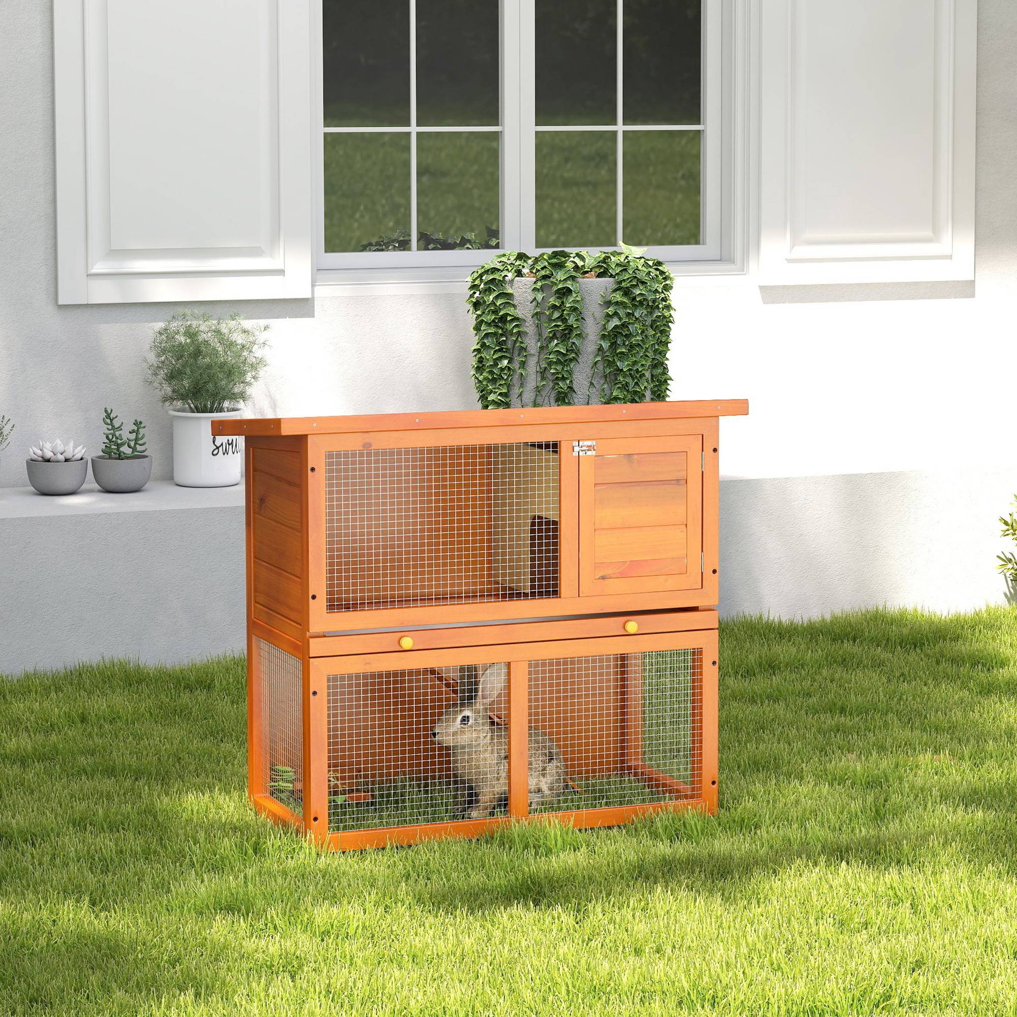 Clapier à lapin cage à lapin 2 étages plateau coulissant rampe et toit ouvrant 90L x 45l x 80H cm - Image 4