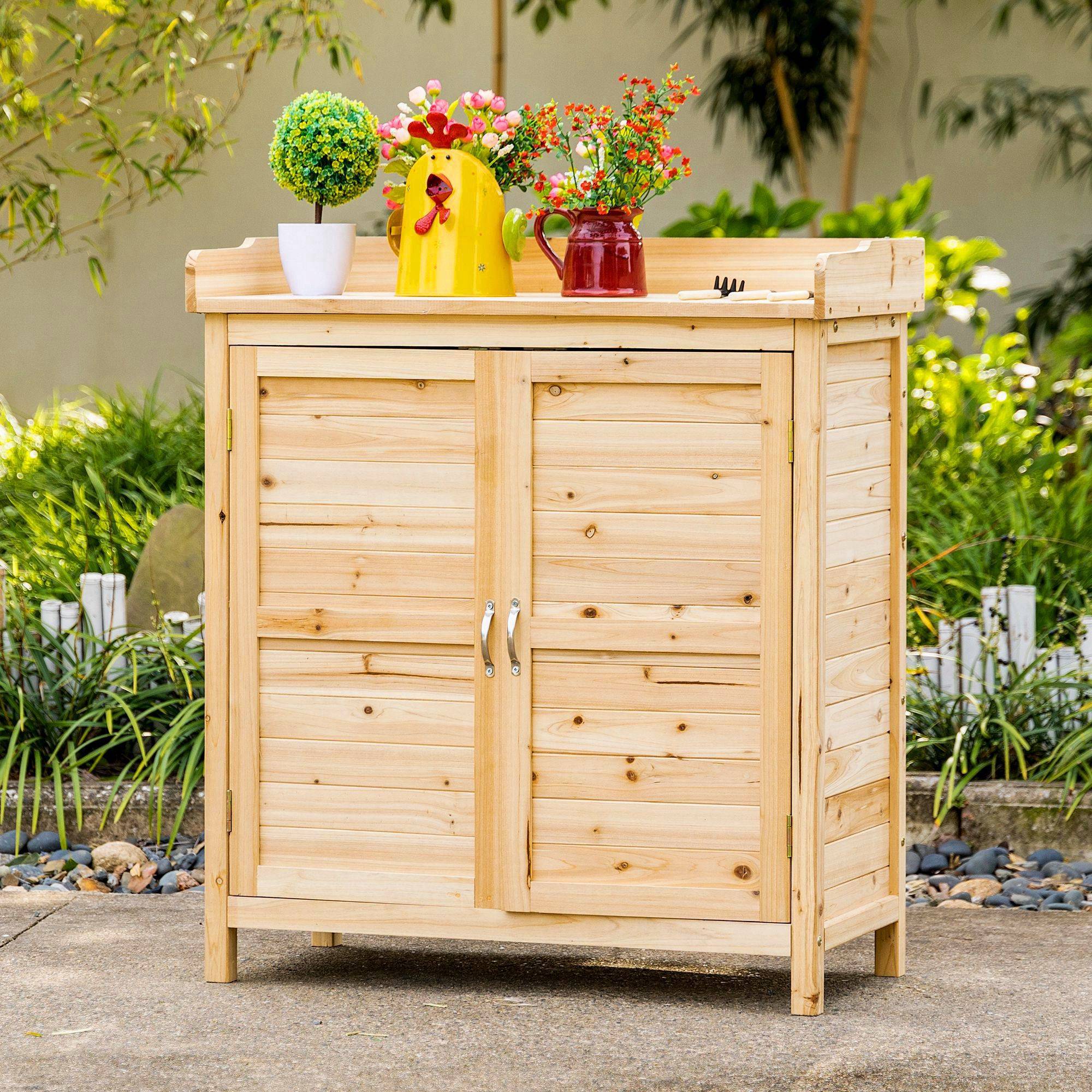 Outsunny - Armoire de jardin remise pour outils 83x40x92 cm sur pied double porte étagère interne bois massif sapin pré-huilé naturel - Outsunny - Image 2