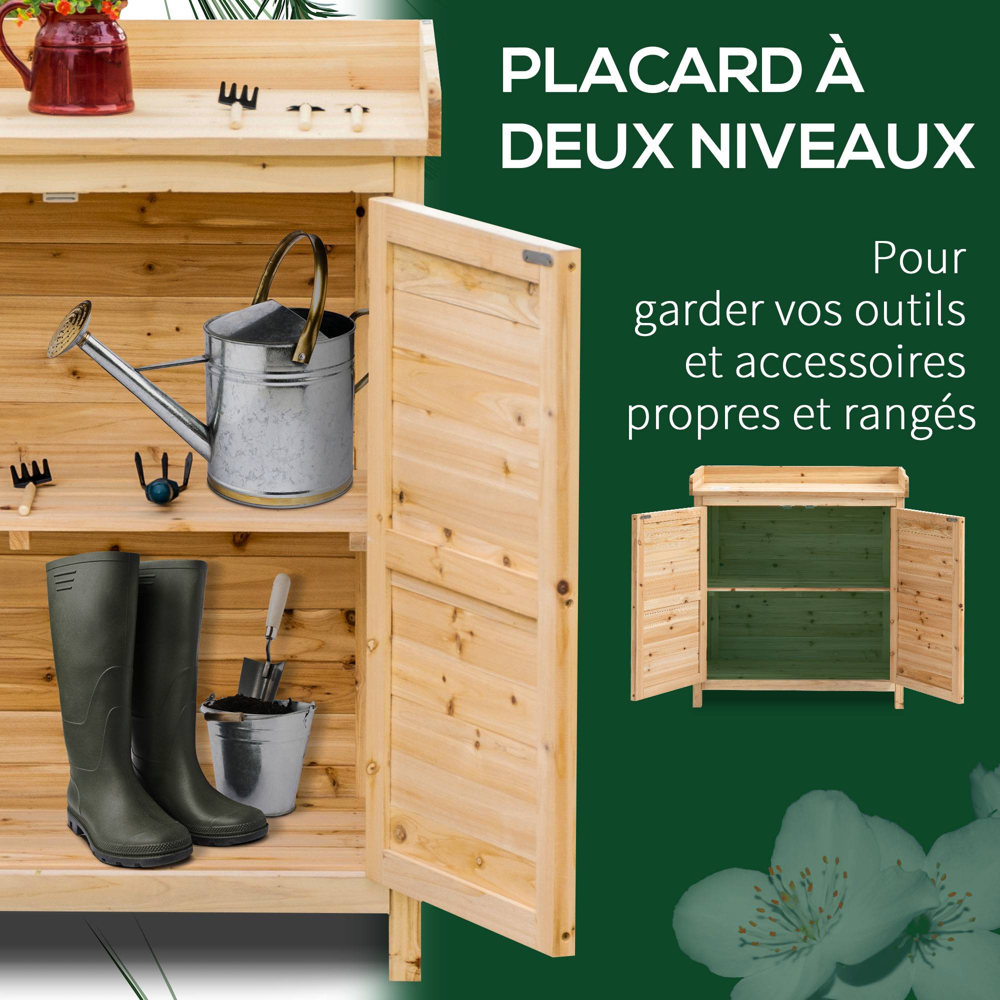 Outsunny - Armoire de jardin remise pour outils 83x40x92 cm sur pied double porte étagère interne bois massif sapin pré-huilé naturel - Outsunny - Image 4
