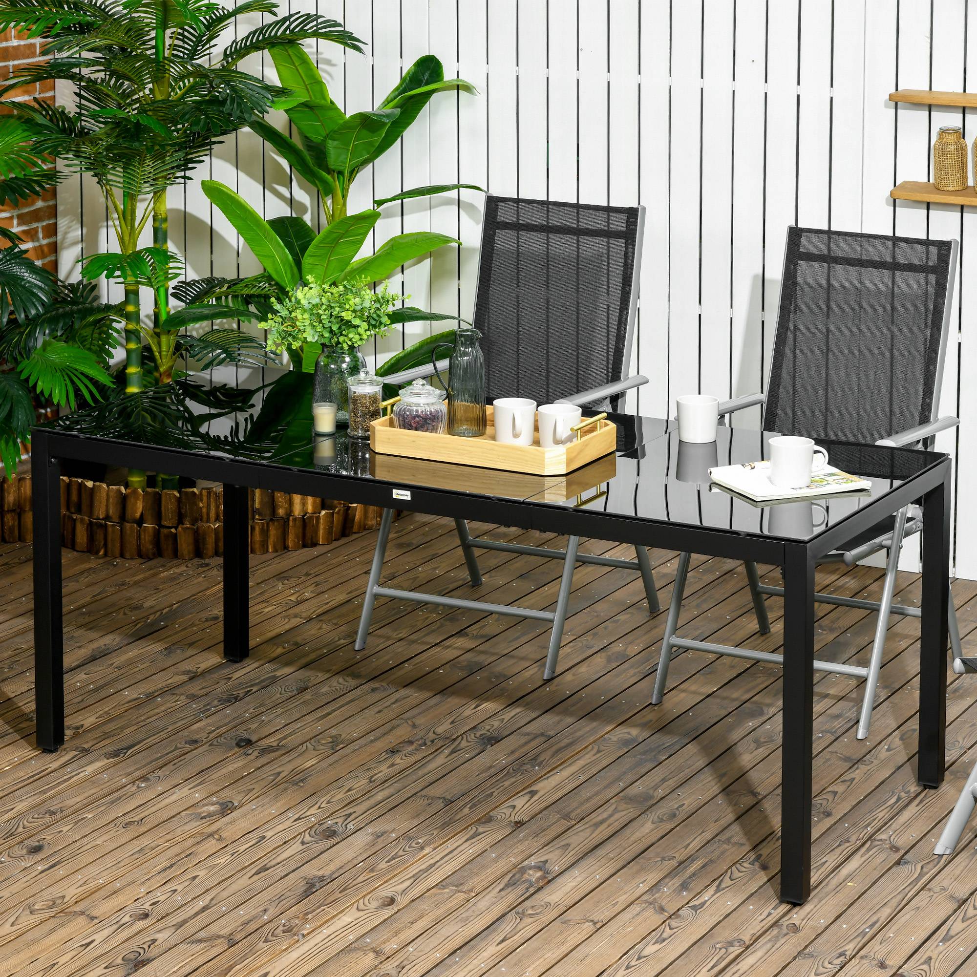 Sans Marque - Table de jardin rectangulaire pour 8 personnes avec plateau en verre trempé et cadre en aluminium noir - Image 3