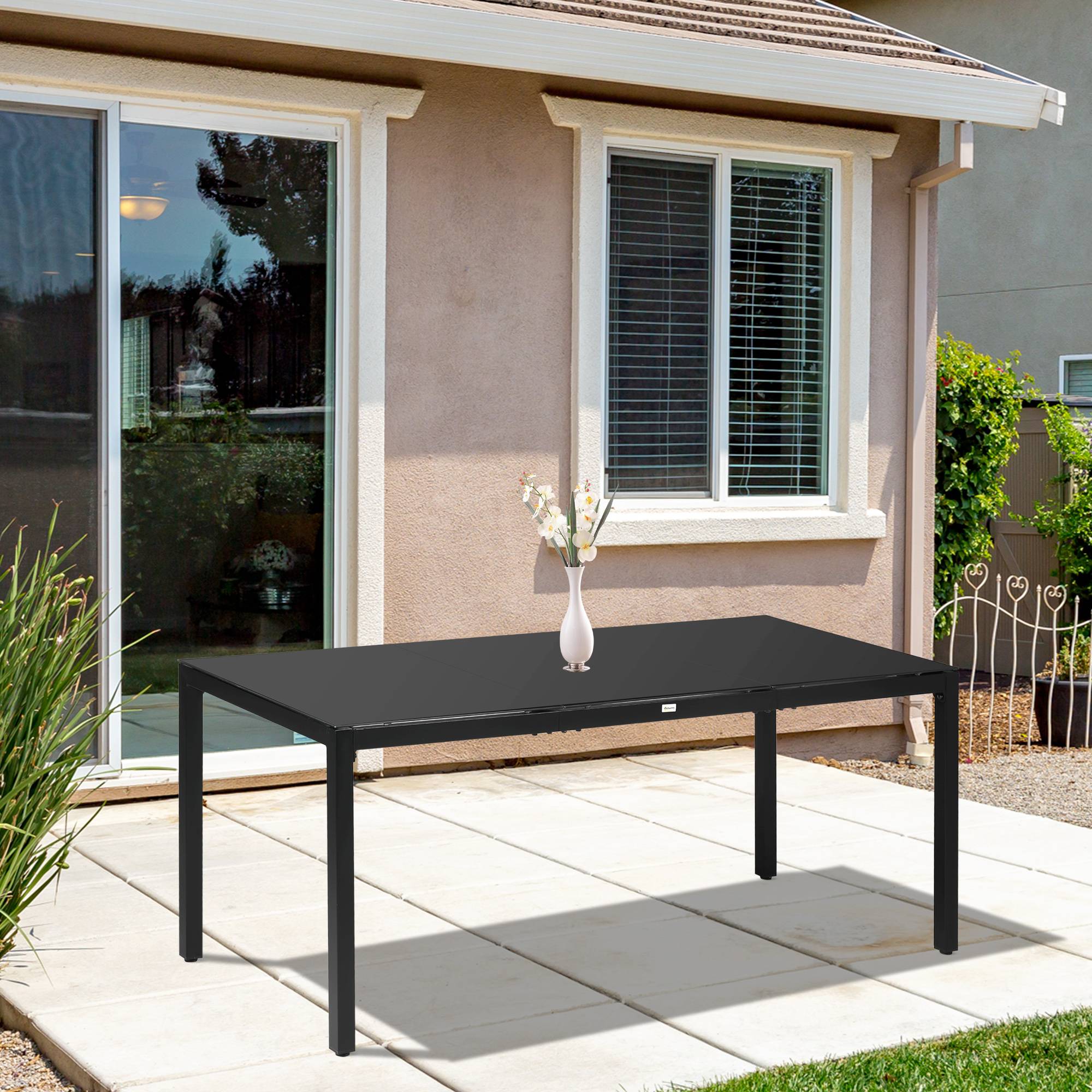 Sans Marque - Table de jardin rectangulaire pour 8 personnes avec plateau en verre trempé et cadre en aluminium noir - Image 4