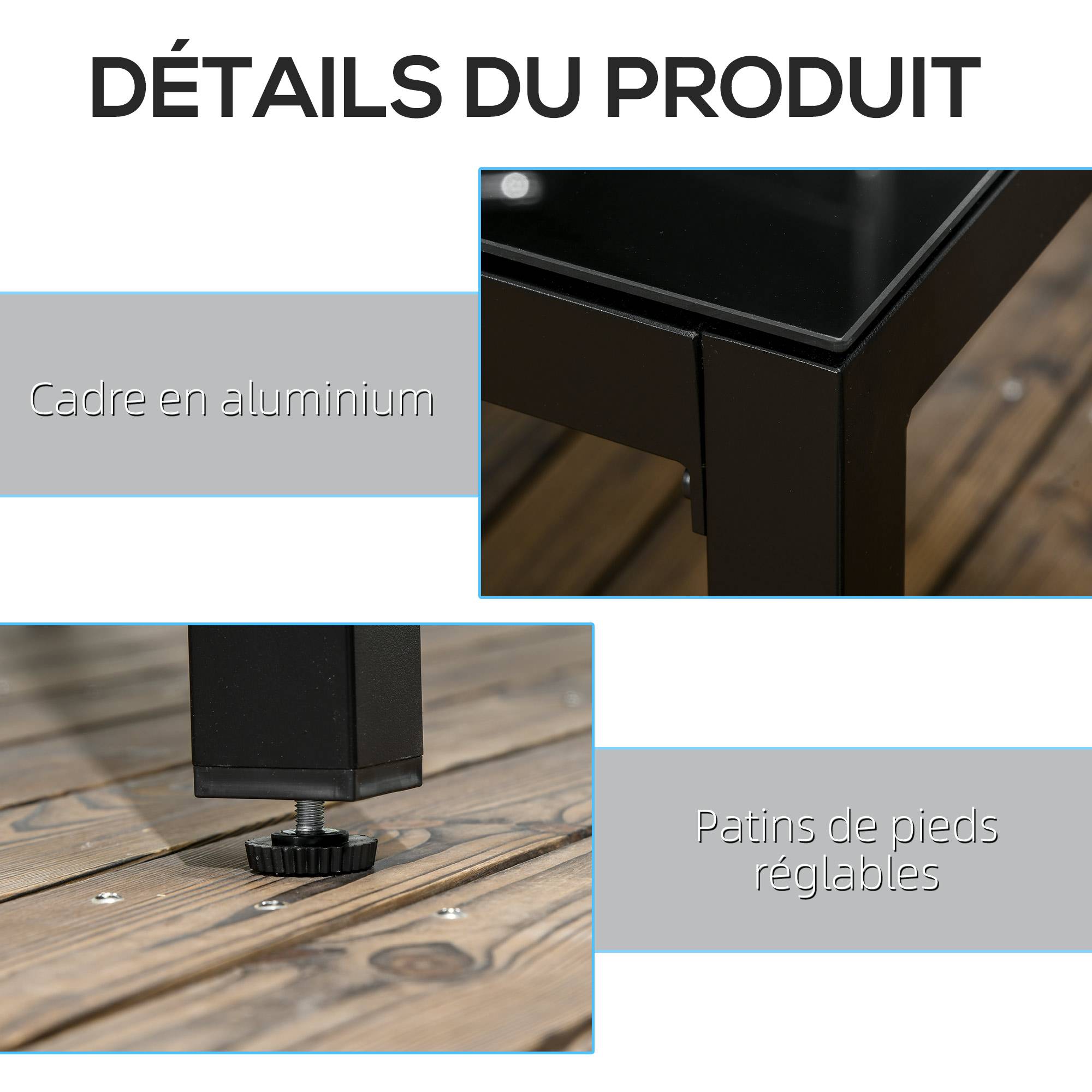 Sans Marque - Table de jardin rectangulaire pour 8 personnes avec plateau en verre trempé et cadre en aluminium noir - Image 7