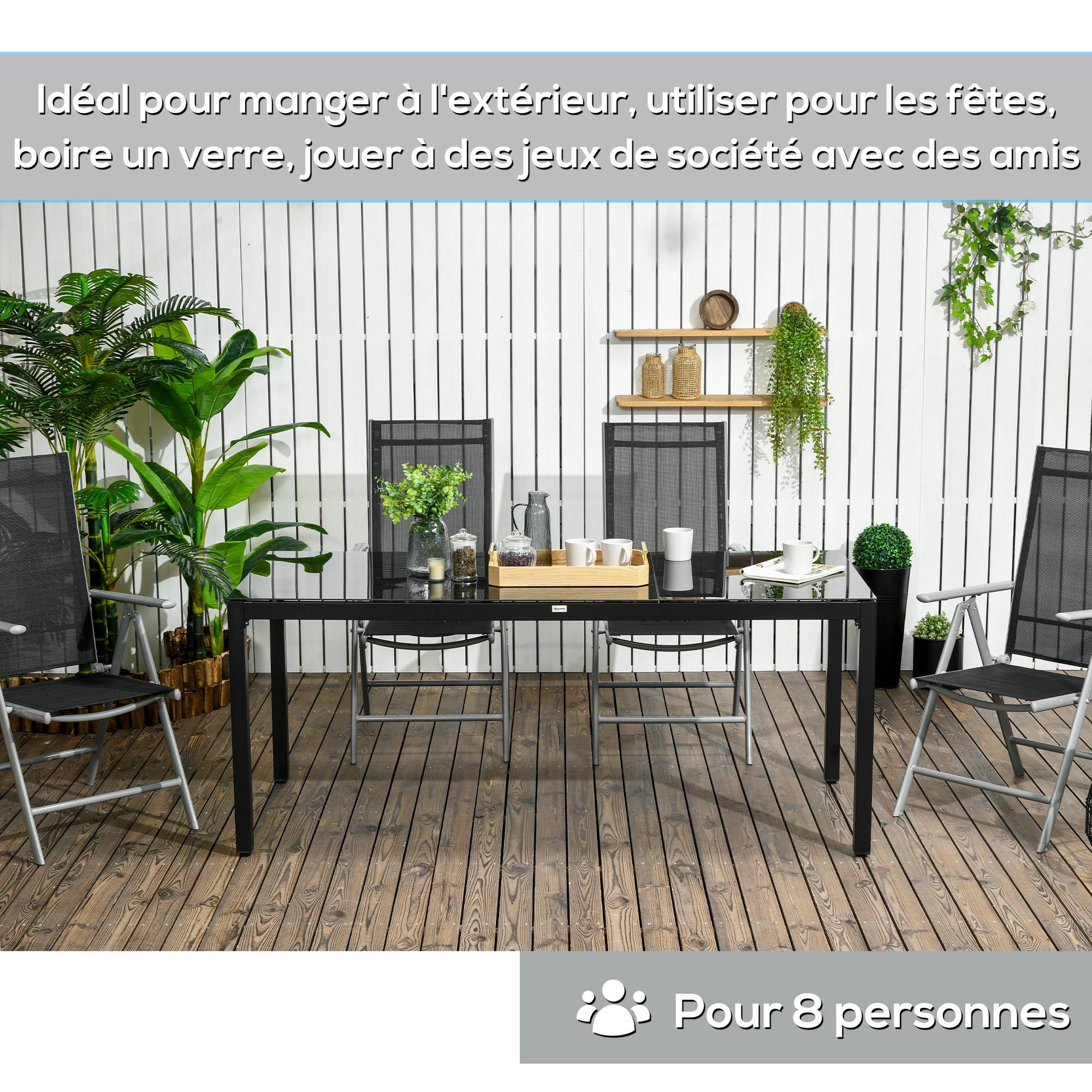 Sans Marque - Table de jardin rectangulaire pour 8 personnes avec plateau en verre trempé et cadre en aluminium noir - Image 8