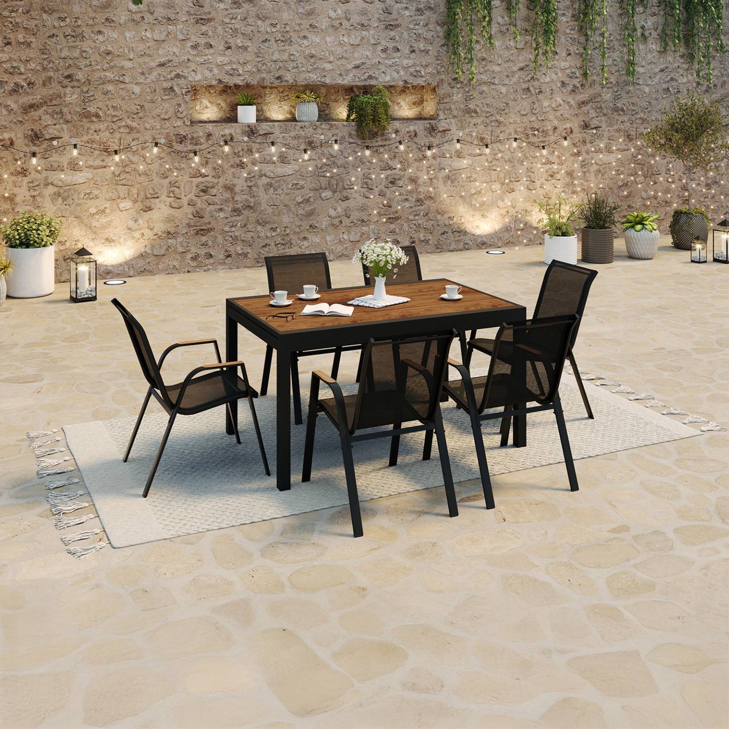 Salon de jardin NOUMEA table extensible 135/270 CM plateau verre trempé effet bois et 12 chaises empilables noir et bois - Image 4
