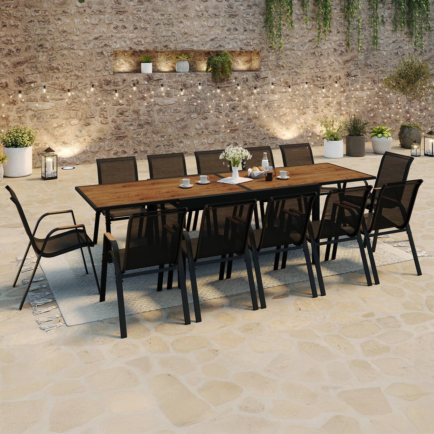 Salon de jardin NOUMEA table extensible 135/270 CM plateau verre trempé effet bois et 12 chaises empilables noir et bois - Image 1