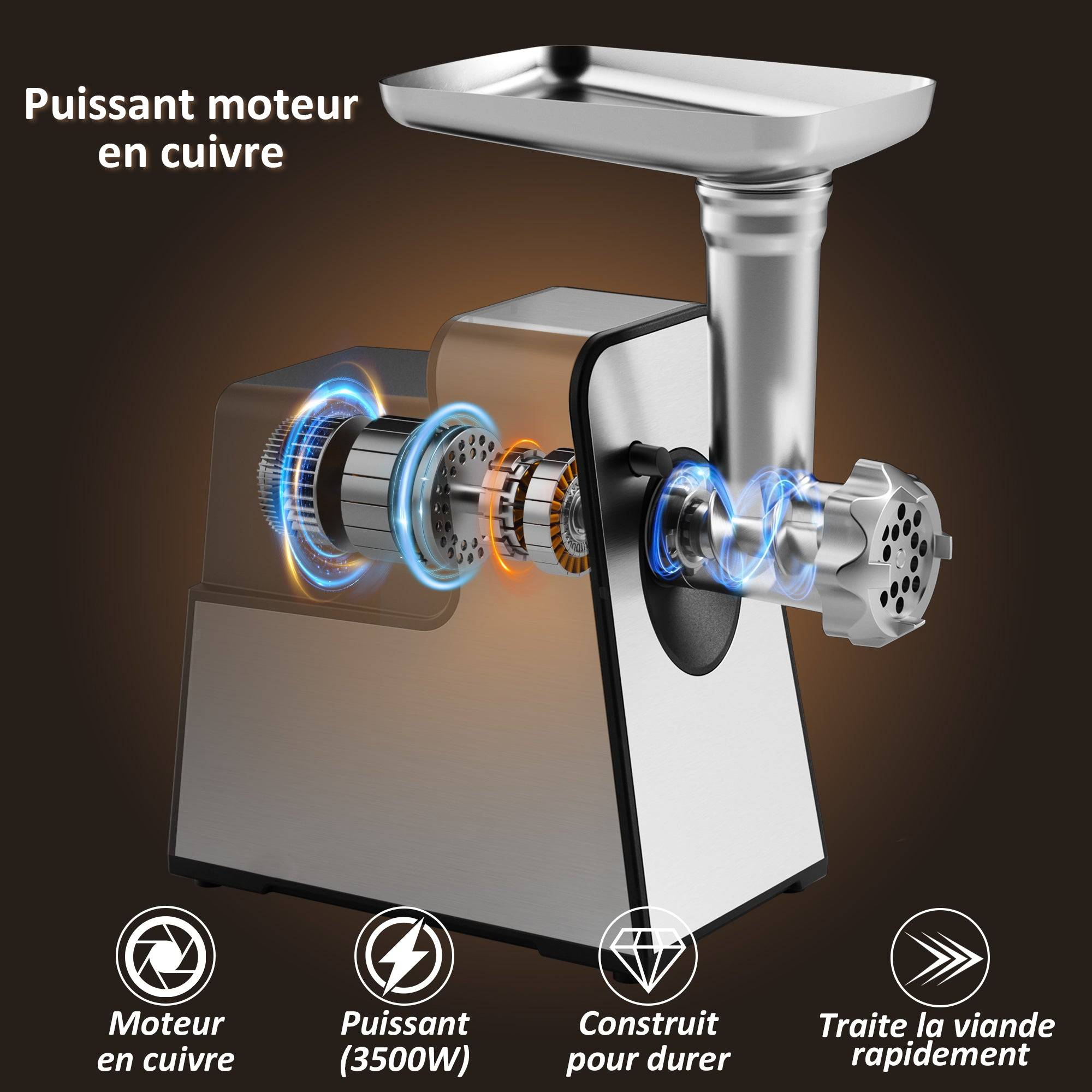 Teeno - Hachoir à viande électrique, 4 en 1, avec 3 plaques de broyage en acier inoxydable (4 mm, 8 mm, ventilateur) et 3 lames, 3500 Watt - Image 2