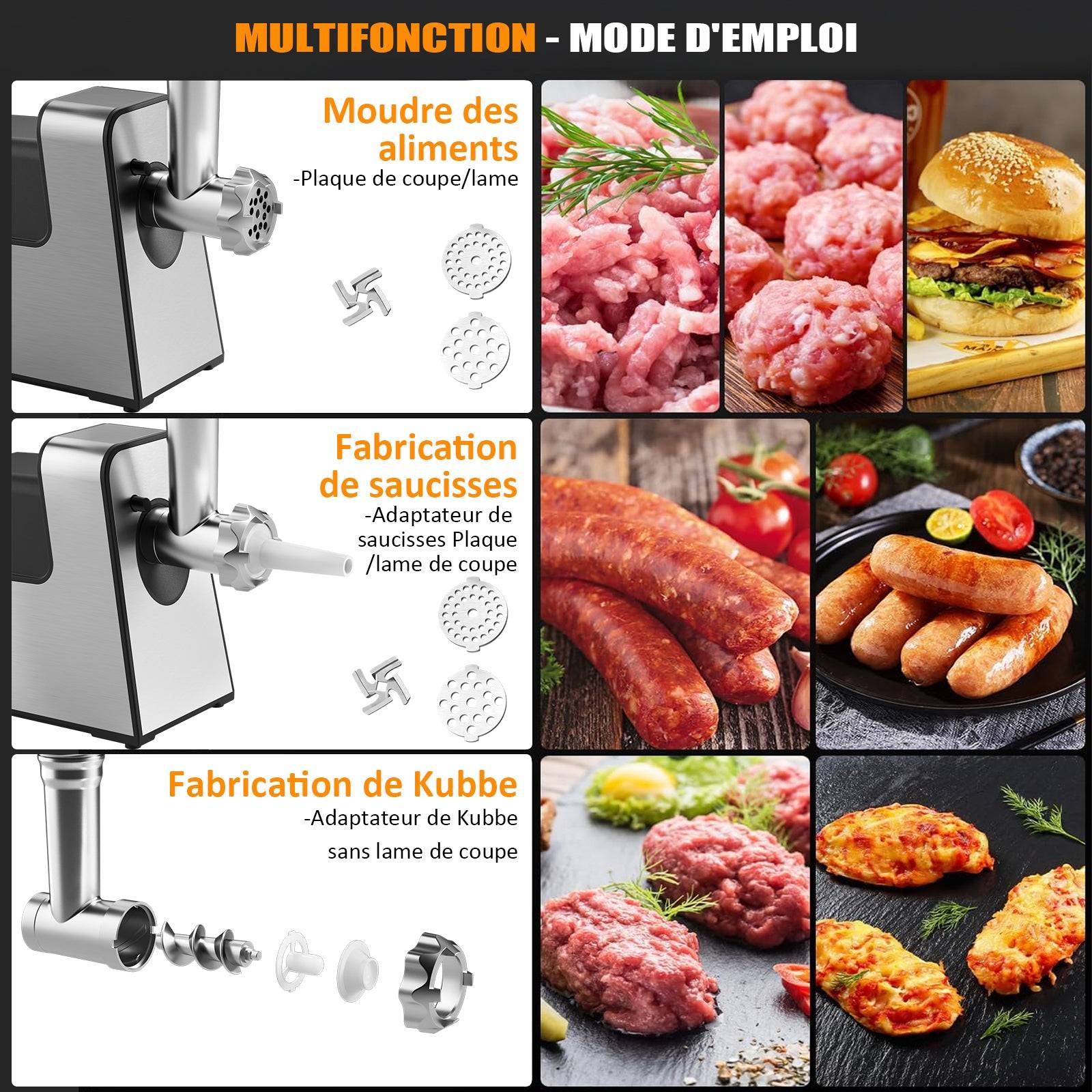 Teeno - Hachoir à viande électrique, 4 en 1, avec 3 plaques de broyage en acier inoxydable (4 mm, 8 mm, ventilateur) et 3 lames, 3500 Watt - Image 3