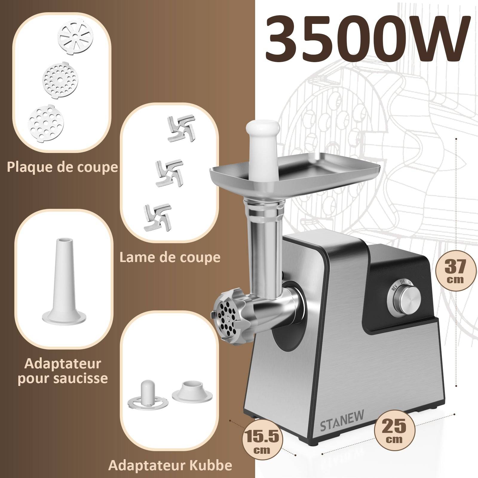 Teeno - Hachoir à viande électrique, 4 en 1, avec 3 plaques de broyage en acier inoxydable (4 mm, 8 mm, ventilateur) et 3 lames, 3500 Watt - Image 5