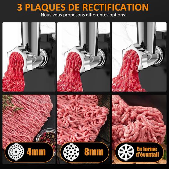 Teeno - Hachoir à viande électrique, 4 en 1, avec 3 plaques de broyage en acier inoxydable (4 mm, 8 mm, ventilateur) et 3 lames, 3500 Watt - Image 4