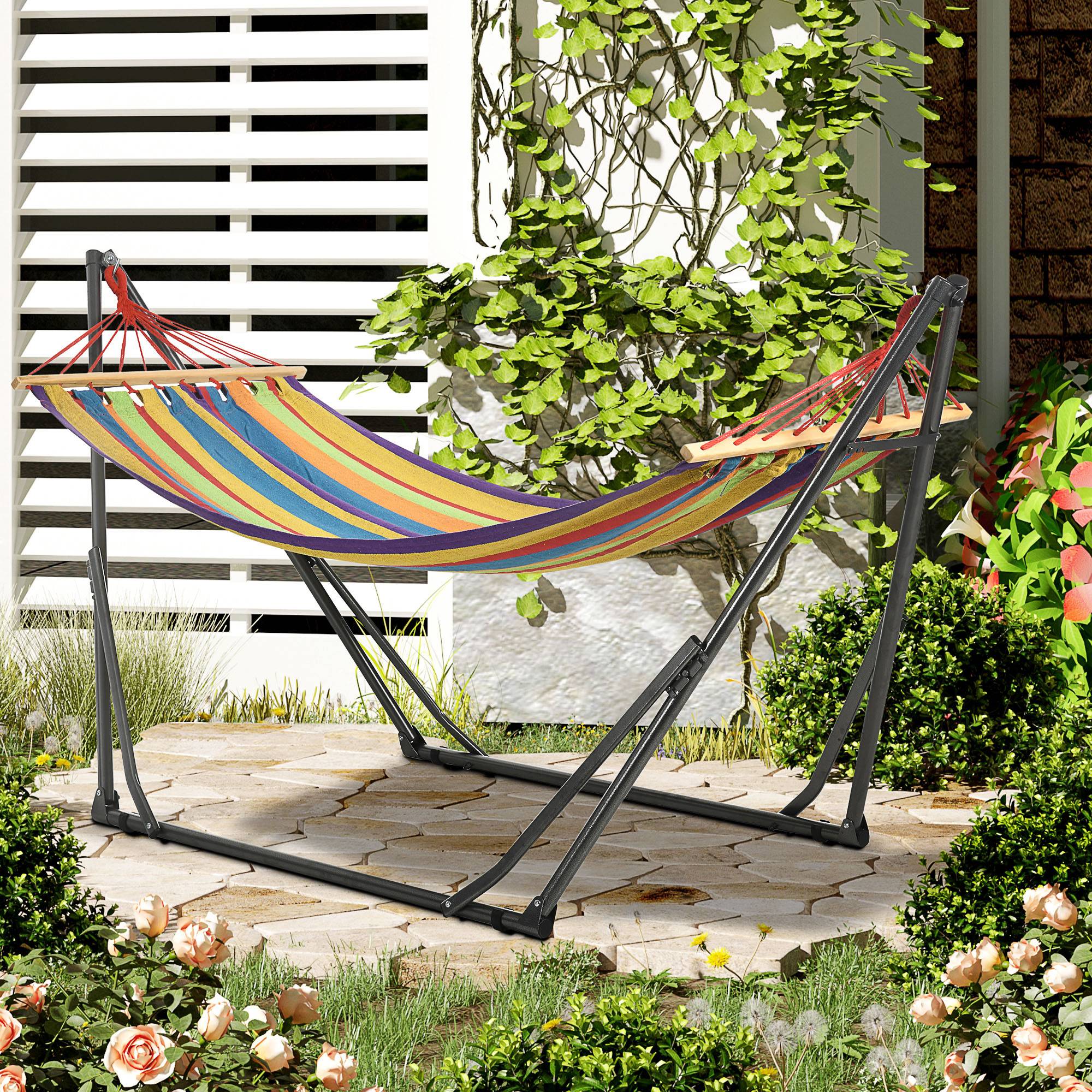 Hamac sur pied 2 en 1 en acier pour jardin pliable et étendoir multicolore - ComfortXL Outdoor Living - Image 4