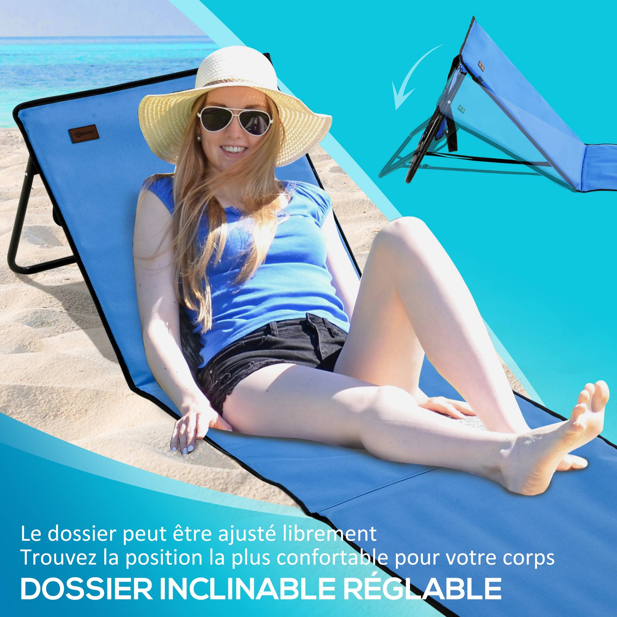 Outsunny - Lot de 2 tapis de plage rembourrés - nattes de plage - dossier inclinable multi-positions - sac transport inclus - métal polyester PVC bleu - Outsunny - Image 5