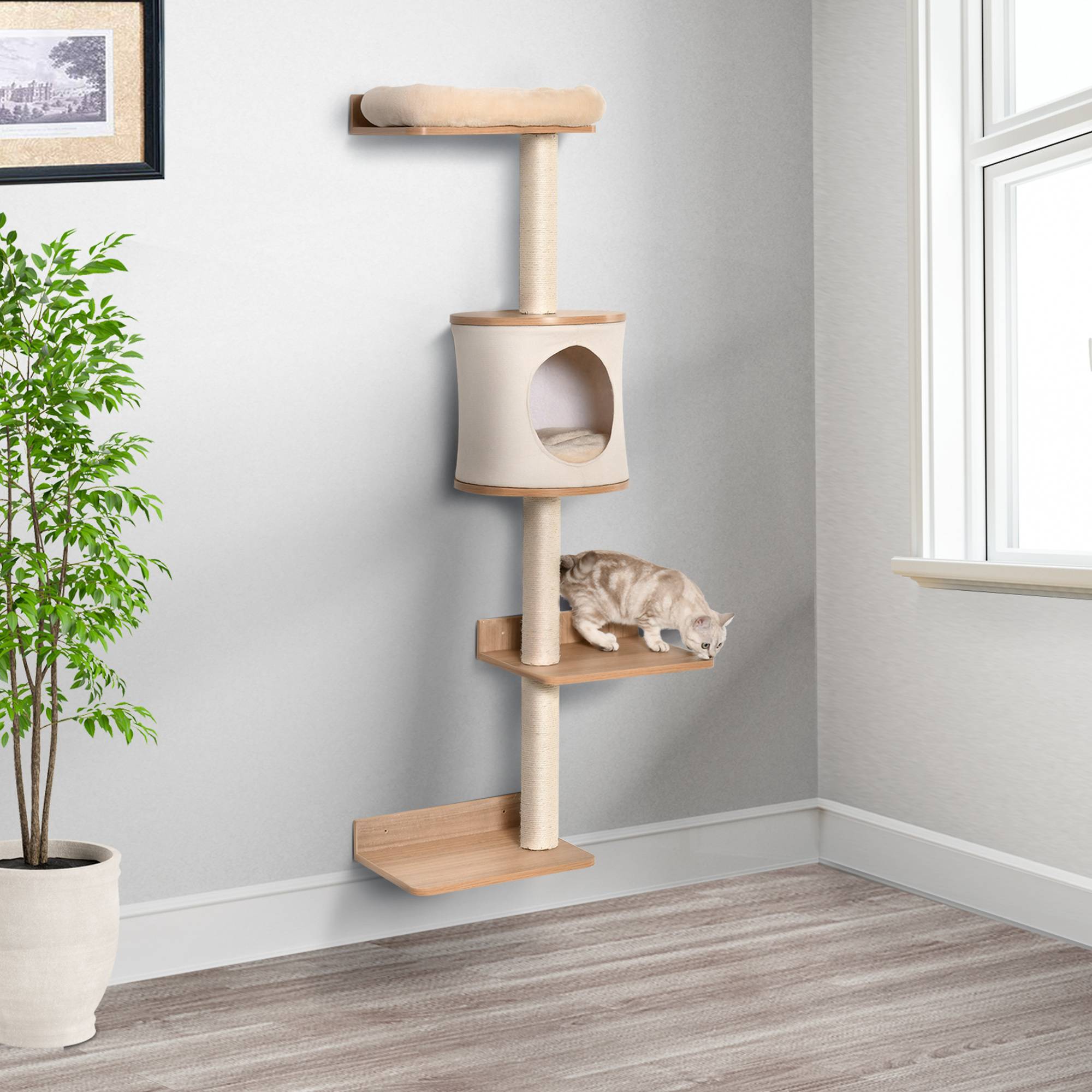 ComfortXL - Arbre à chat mural bois 38 x 30 x 149 cm beige chêne avec sisal couchage et plateformes - ComfortXL Outdoor Living - Image 3