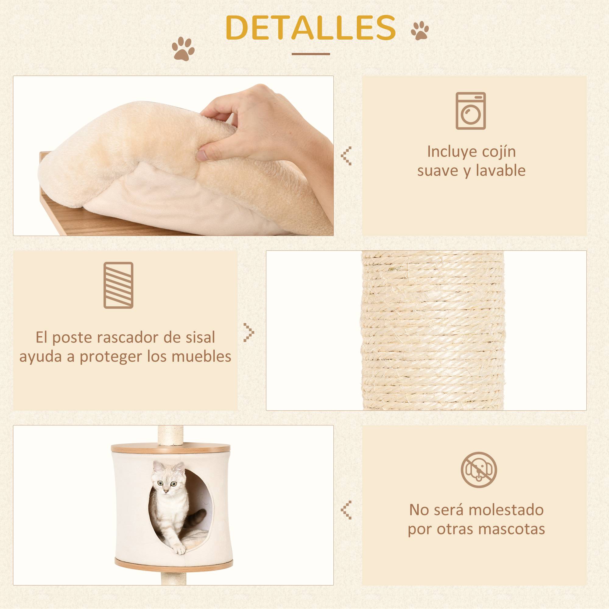 ComfortXL - Arbre à chat mural bois 38 x 30 x 149 cm beige chêne avec sisal couchage et plateformes - ComfortXL Outdoor Living - Image 8