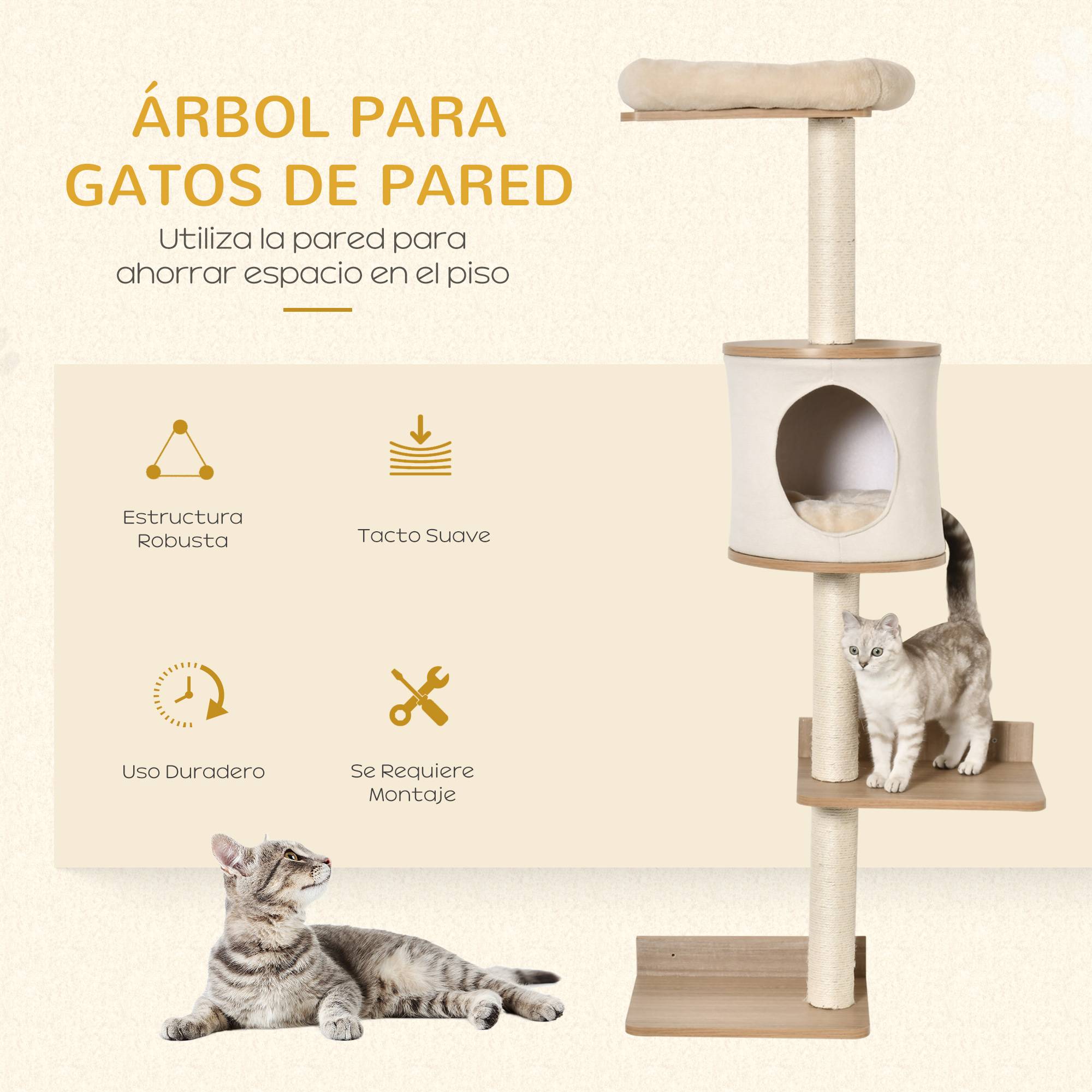 ComfortXL - Arbre à chat mural bois 38 x 30 x 149 cm beige chêne avec sisal couchage et plateformes - ComfortXL Outdoor Living - Image 6