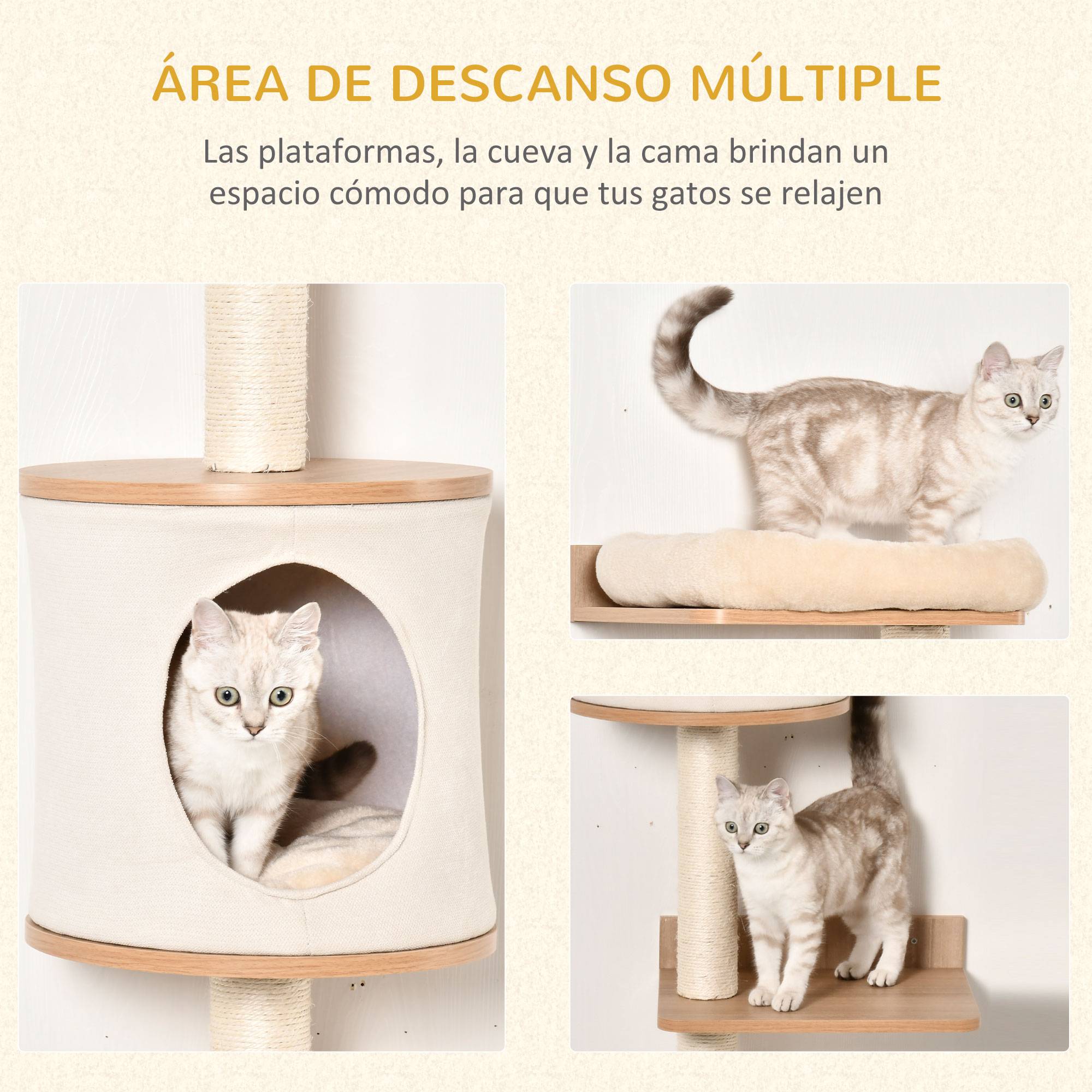 ComfortXL - Arbre à chat mural bois 38 x 30 x 149 cm beige chêne avec sisal couchage et plateformes - ComfortXL Outdoor Living - Image 7