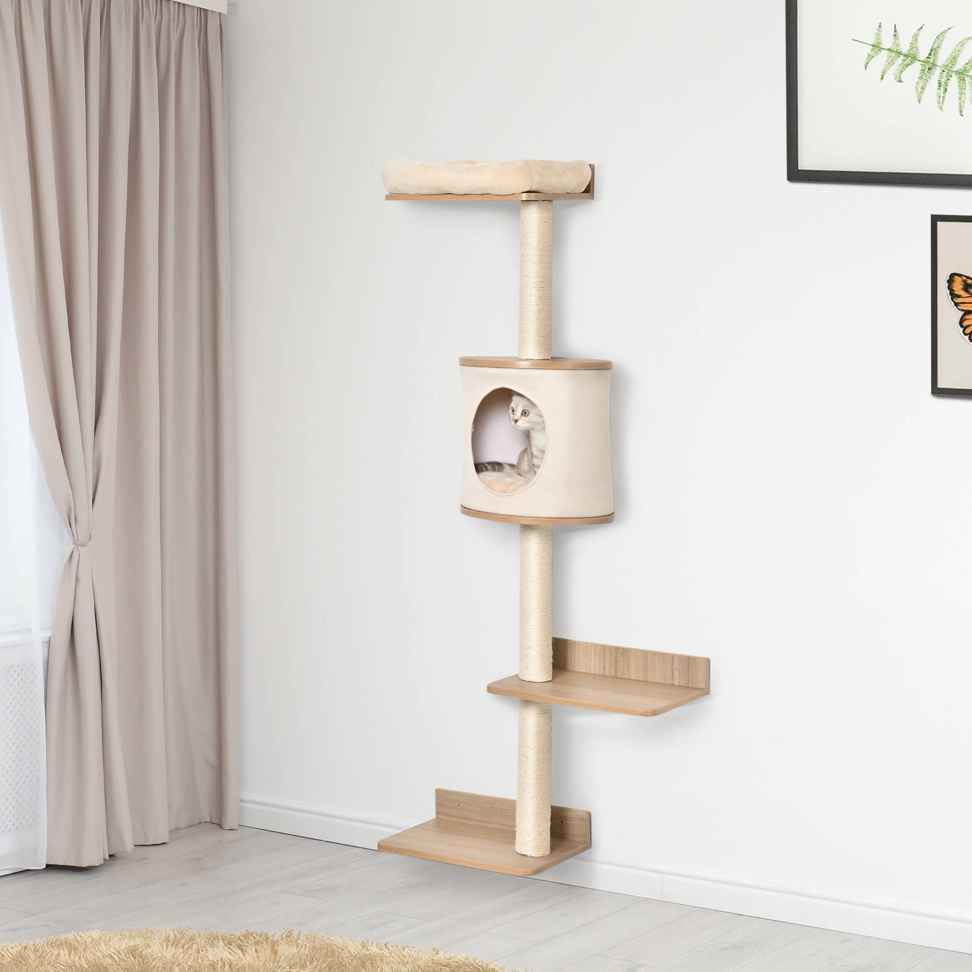 ComfortXL - Arbre à chat mural bois 38 x 30 x 149 cm beige chêne avec sisal couchage et plateformes - ComfortXL Outdoor Living - Image 4