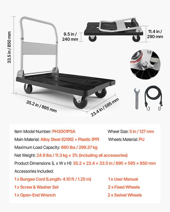 VEVOR Chariot à Plateforme Pliable Chariot Plateau 89,5x59,5 cm Charge 299,37 kg - Image 7