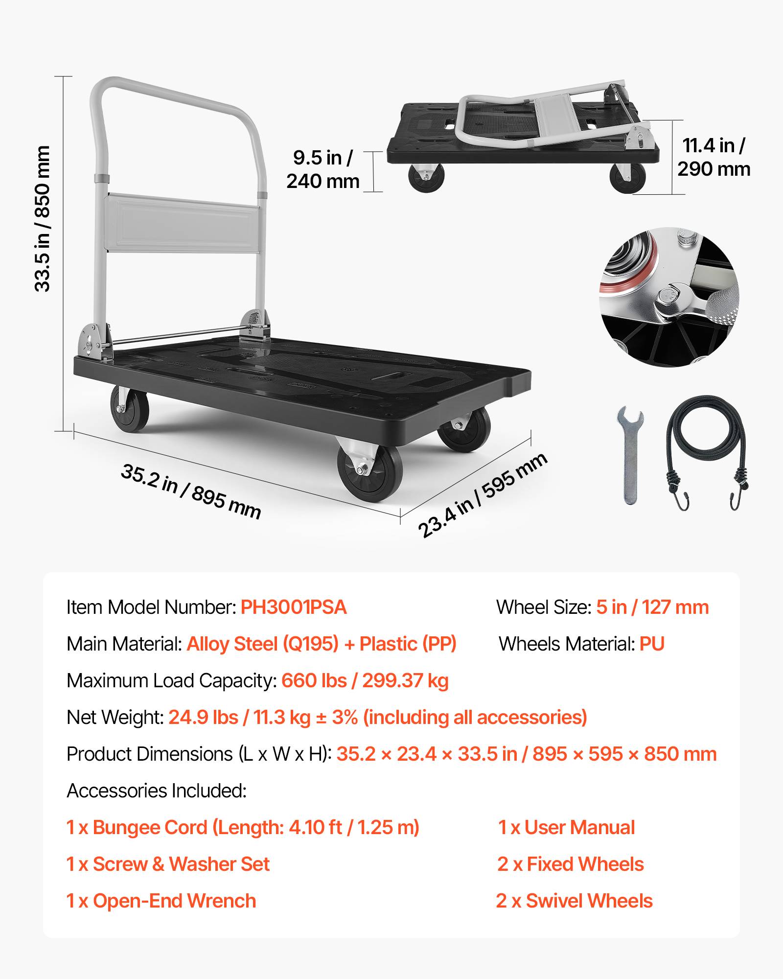 VEVOR Chariot à Plateforme Pliable Chariot Plateau 89,5x59,5 cm Charge 299,37 kg - Image 7