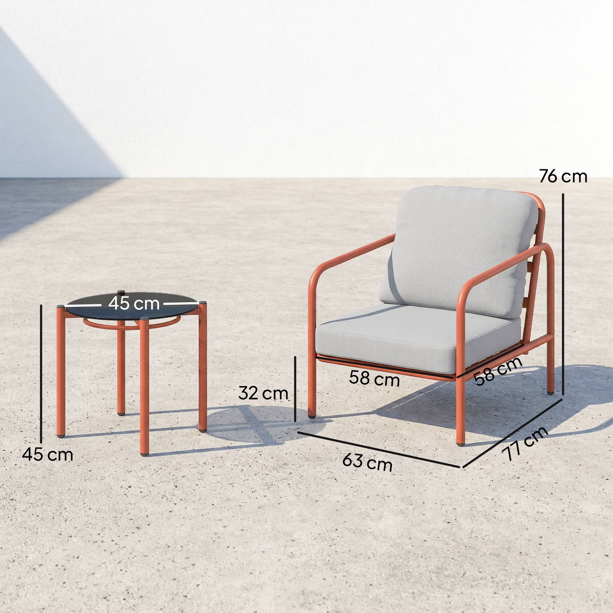 Salon de Jardin 3 Pièces, 2 Fauteuils, 1 Table Basse, Coussins Épais, Plateau en Verre Trempé, 63x77x76cm, Rouge Vineux - Image 5