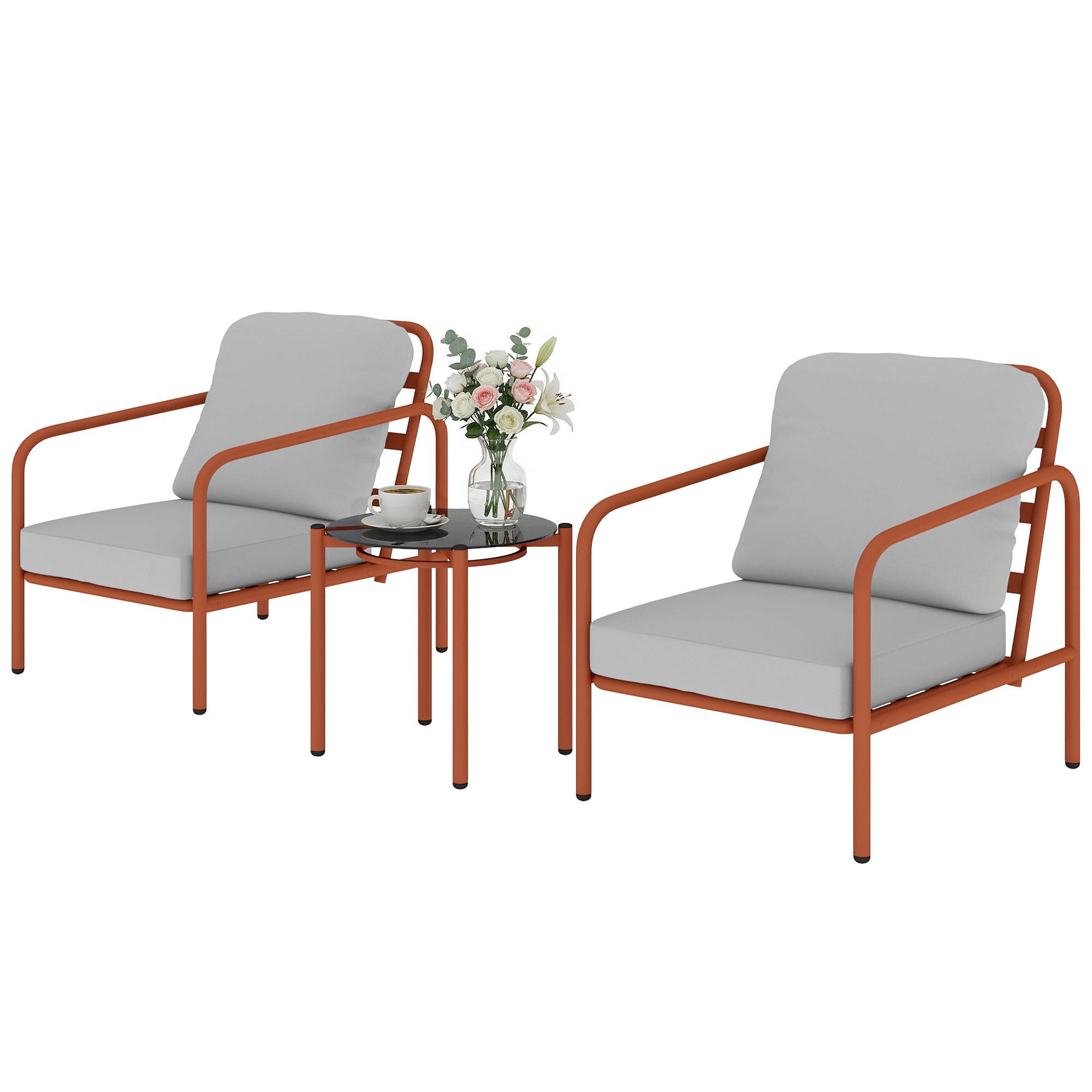 Salon de Jardin 3 Pièces, 2 Fauteuils, 1 Table Basse, Coussins Épais, Plateau en Verre Trempé, 63x77x76cm, Rouge Vineux - Image 2