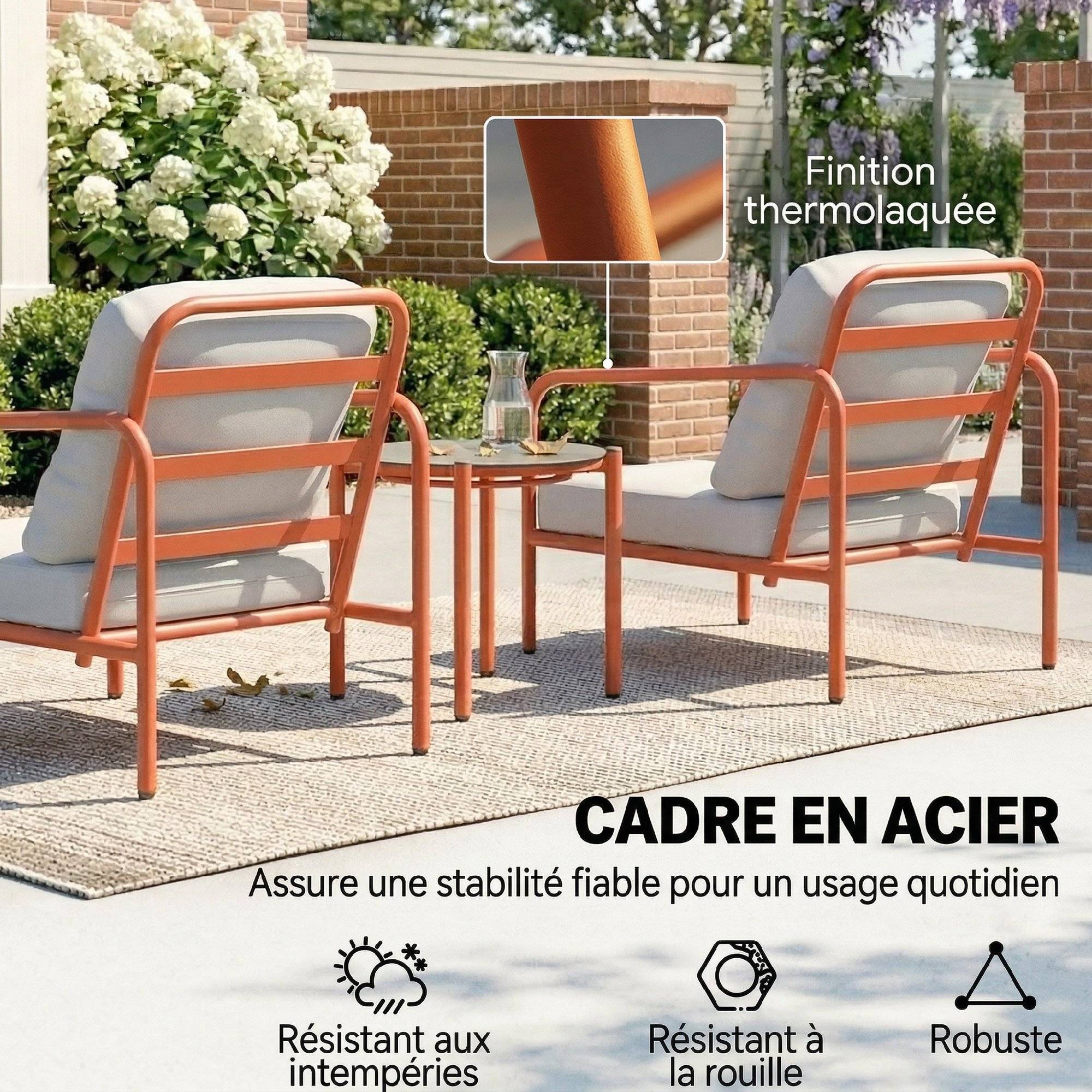 Salon de Jardin 3 Pièces, 2 Fauteuils, 1 Table Basse, Coussins Épais, Plateau en Verre Trempé, 63x77x76cm, Rouge Vineux - Image 8