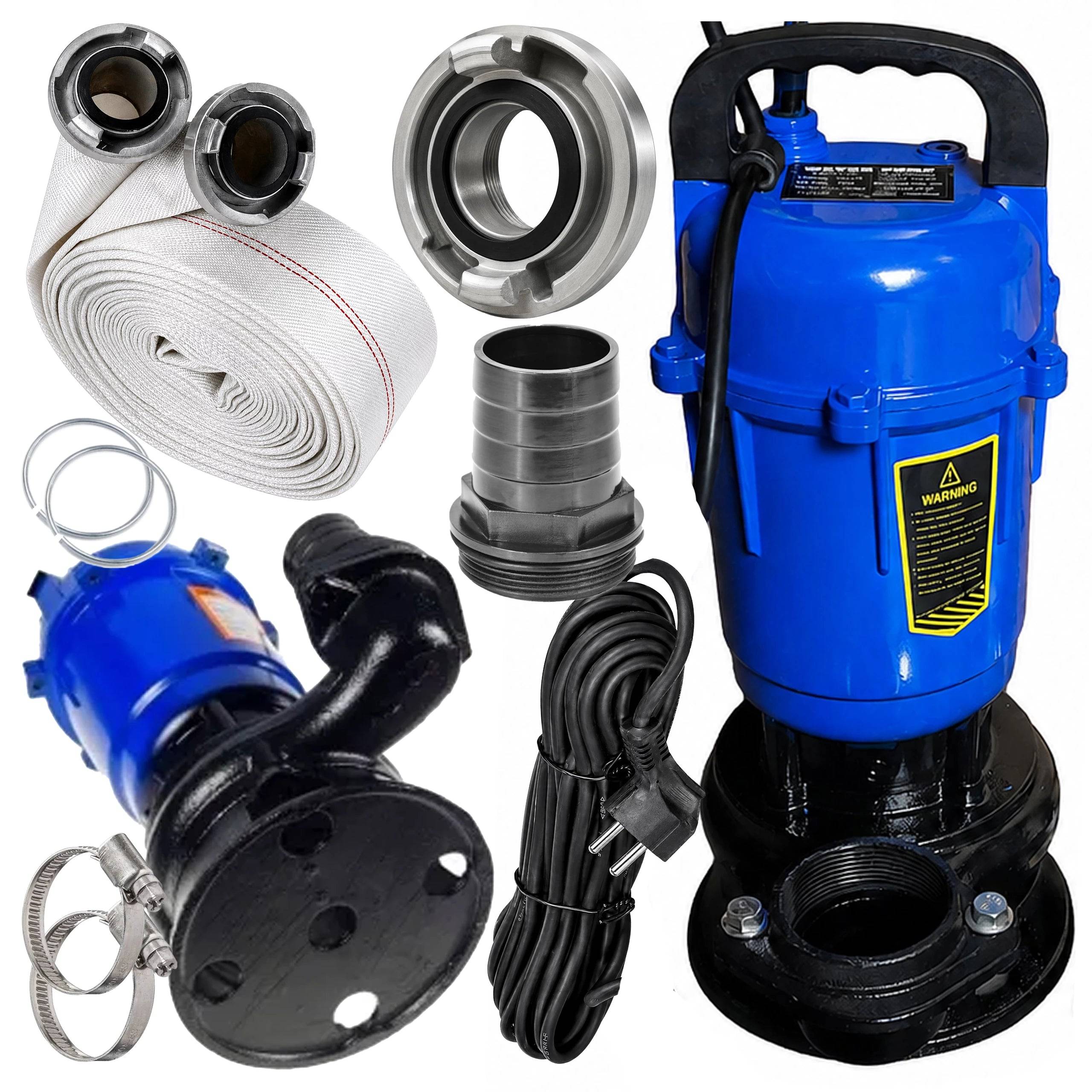 Entrepotbrico - Pompe vide-cave avec broyeur 750 W, débit 18 000 l/h, tuyau d’incendie 2 pouces de 30 m inclus