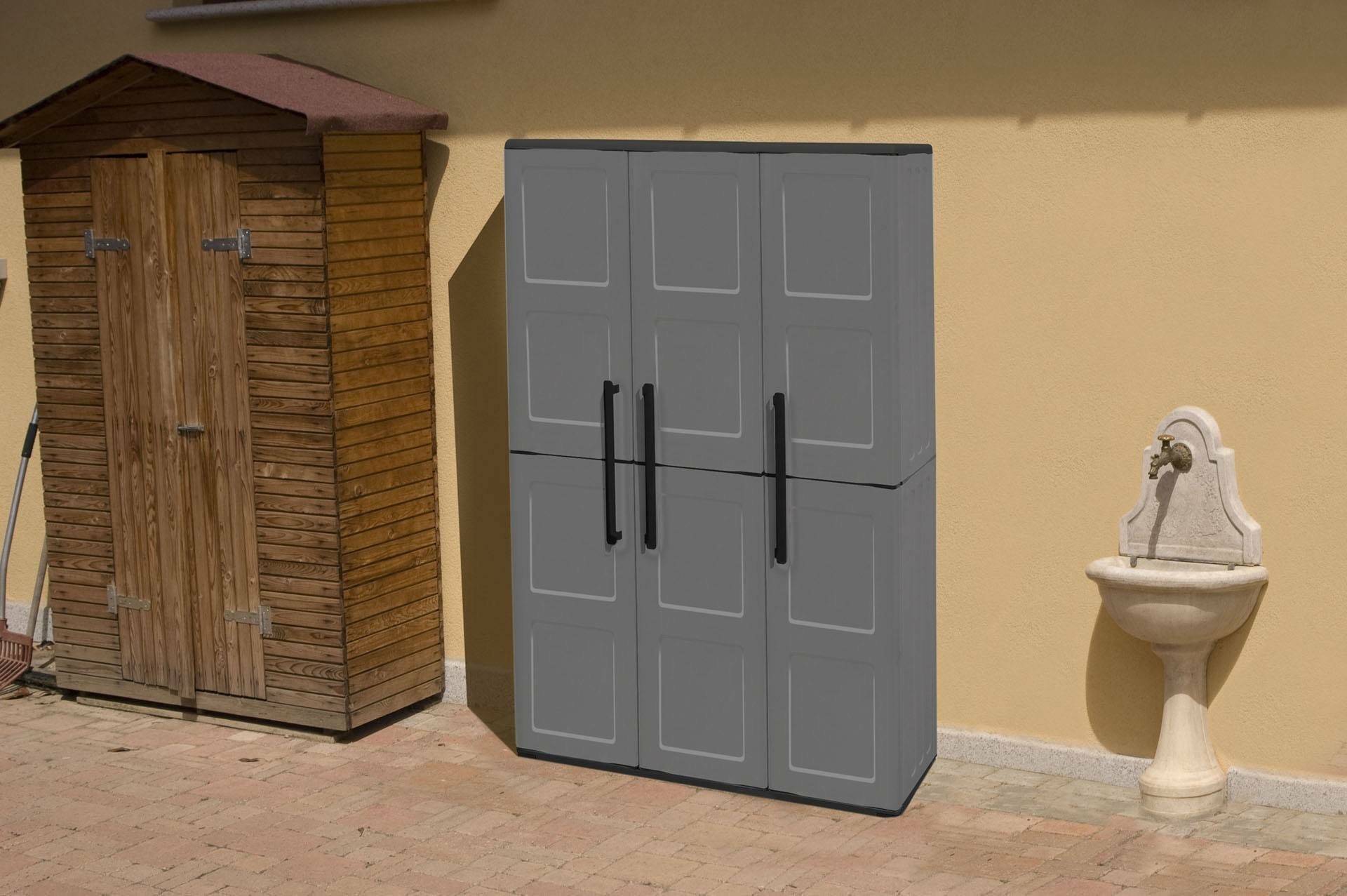 Dmora - Armoire d'extérieur Bilzen, Mobilier d'extérieur, Armoire de balcon polyvalente, Gris et Noir, Finition à carreaux, 102x37h163 cm - Dmora - Image 2