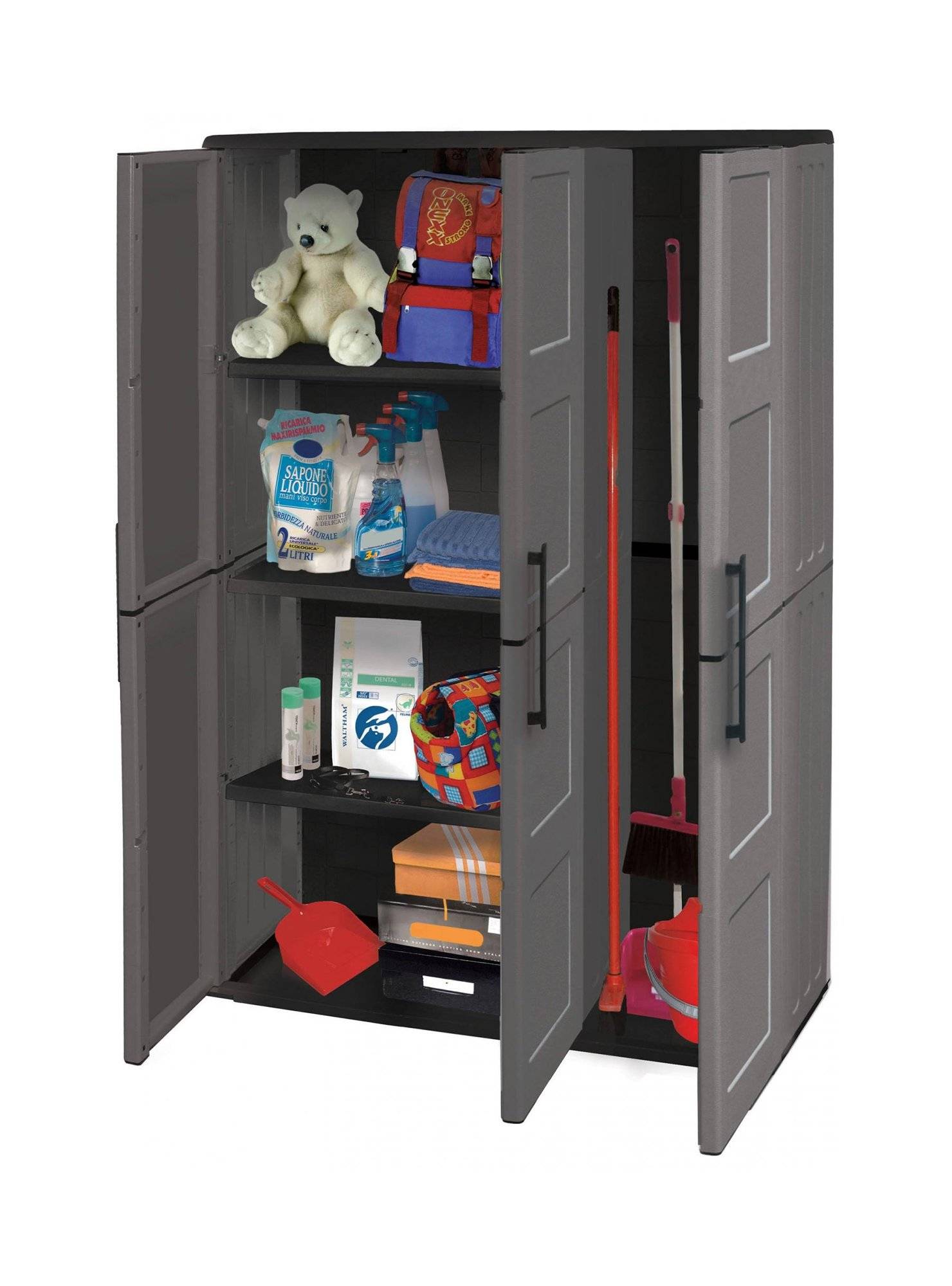 Dmora - Armoire d'extérieur Bilzen, Mobilier d'extérieur, Armoire de balcon polyvalente, Gris et Noir, Finition à carreaux, 102x37h163 cm - Dmora - Image 4