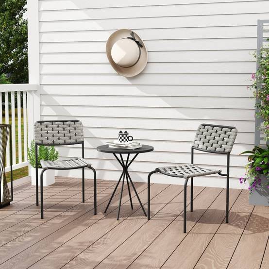 Salon Bistro Acier Rotin 2 Places Chaises Empilables Table Ronde Balcon Terrasse Gris - ComfortXL Outdoor Living - Image 7