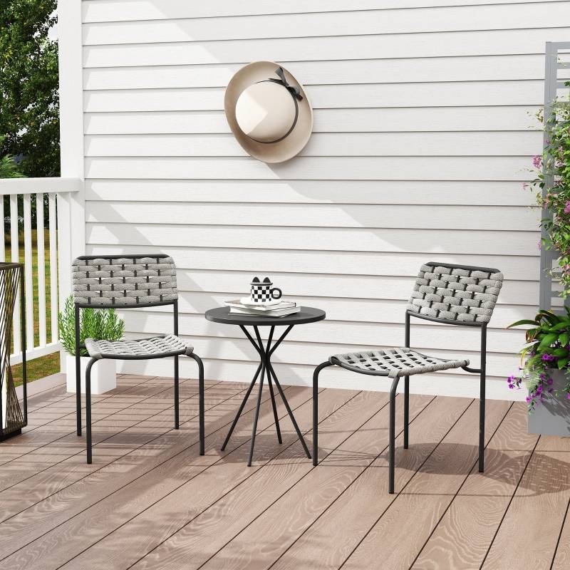 Salon Bistro Acier Rotin 2 Places Chaises Empilables Table Ronde Balcon Terrasse Gris - ComfortXL Outdoor Living - Image 7
