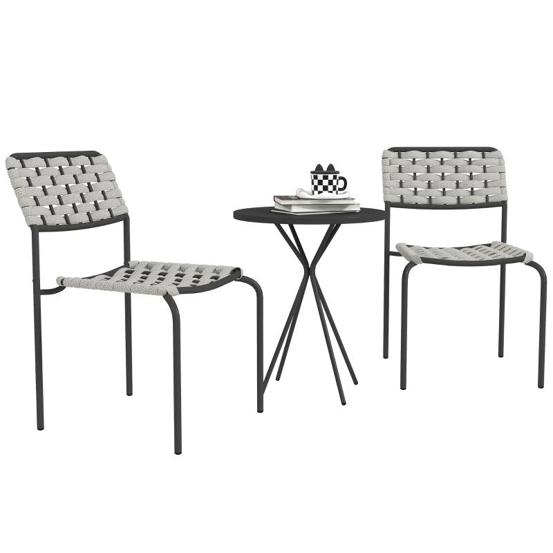 Salon Bistro Acier Rotin 2 Places Chaises Empilables Table Ronde Balcon Terrasse Gris - ComfortXL Outdoor Living - Image 2