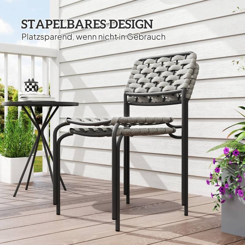 Salon Bistro Acier Rotin 2 Places Chaises Empilables Table Ronde Balcon Terrasse Gris - ComfortXL Outdoor Living - Image 5