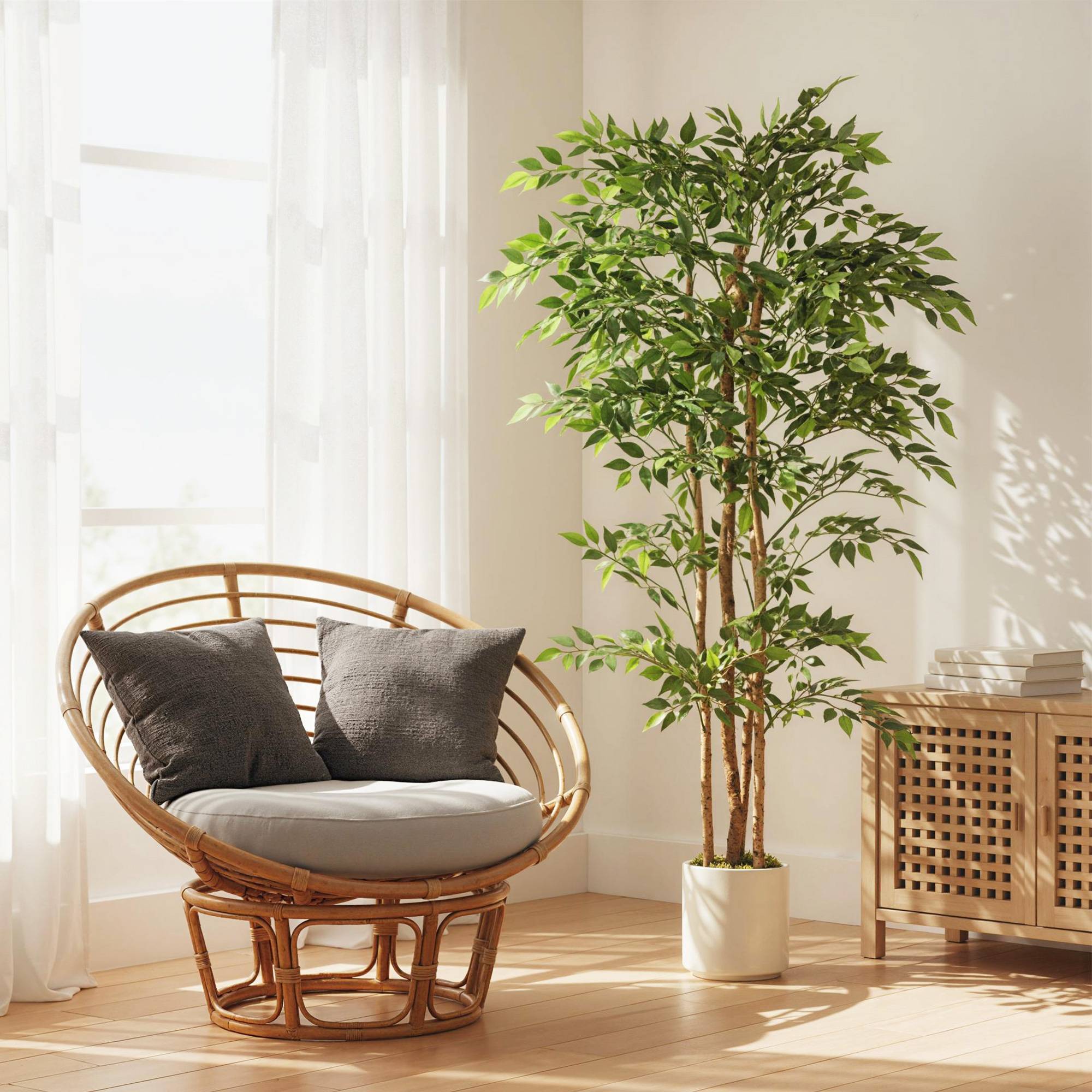 Grand arbre artificiel banian tronc bois massif pot ciment salon chambre 180cm vert - ComfortXL Outdoor Living - Image 3