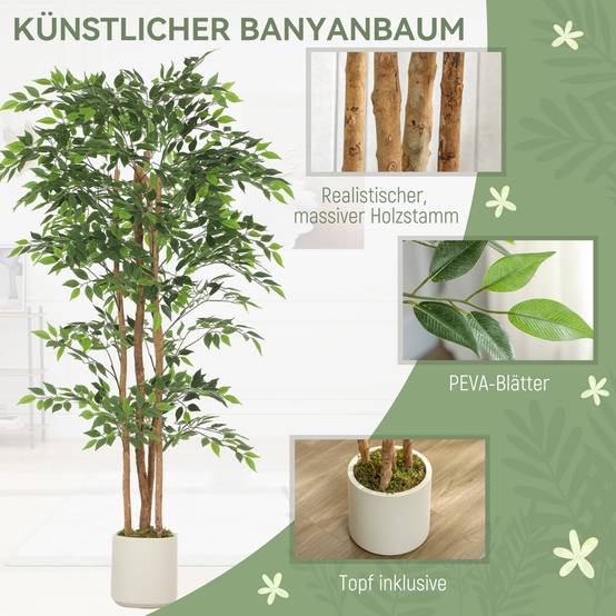 Grand arbre artificiel banian tronc bois massif pot ciment salon chambre 180cm vert - ComfortXL Outdoor Living - Image 6