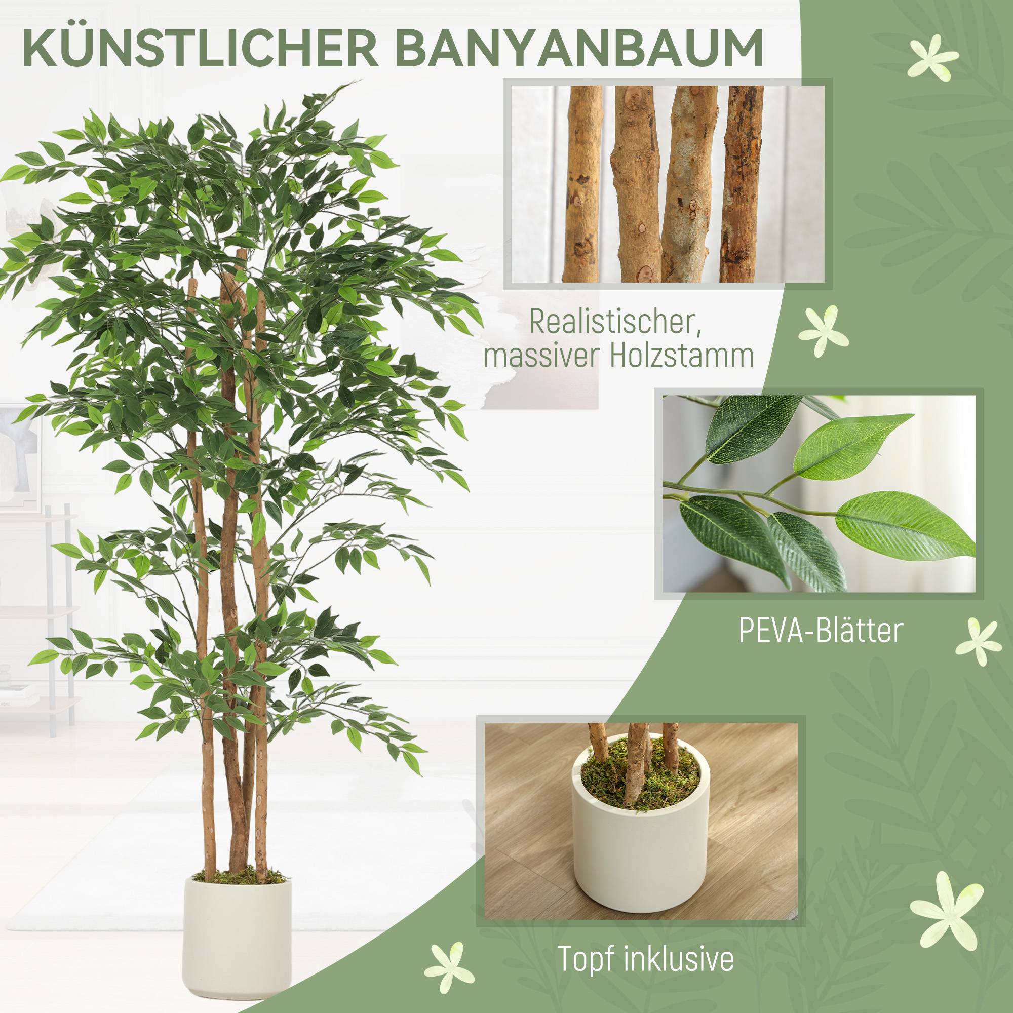 Grand arbre artificiel banian tronc bois massif pot ciment salon chambre 180cm vert - ComfortXL Outdoor Living - Image 6