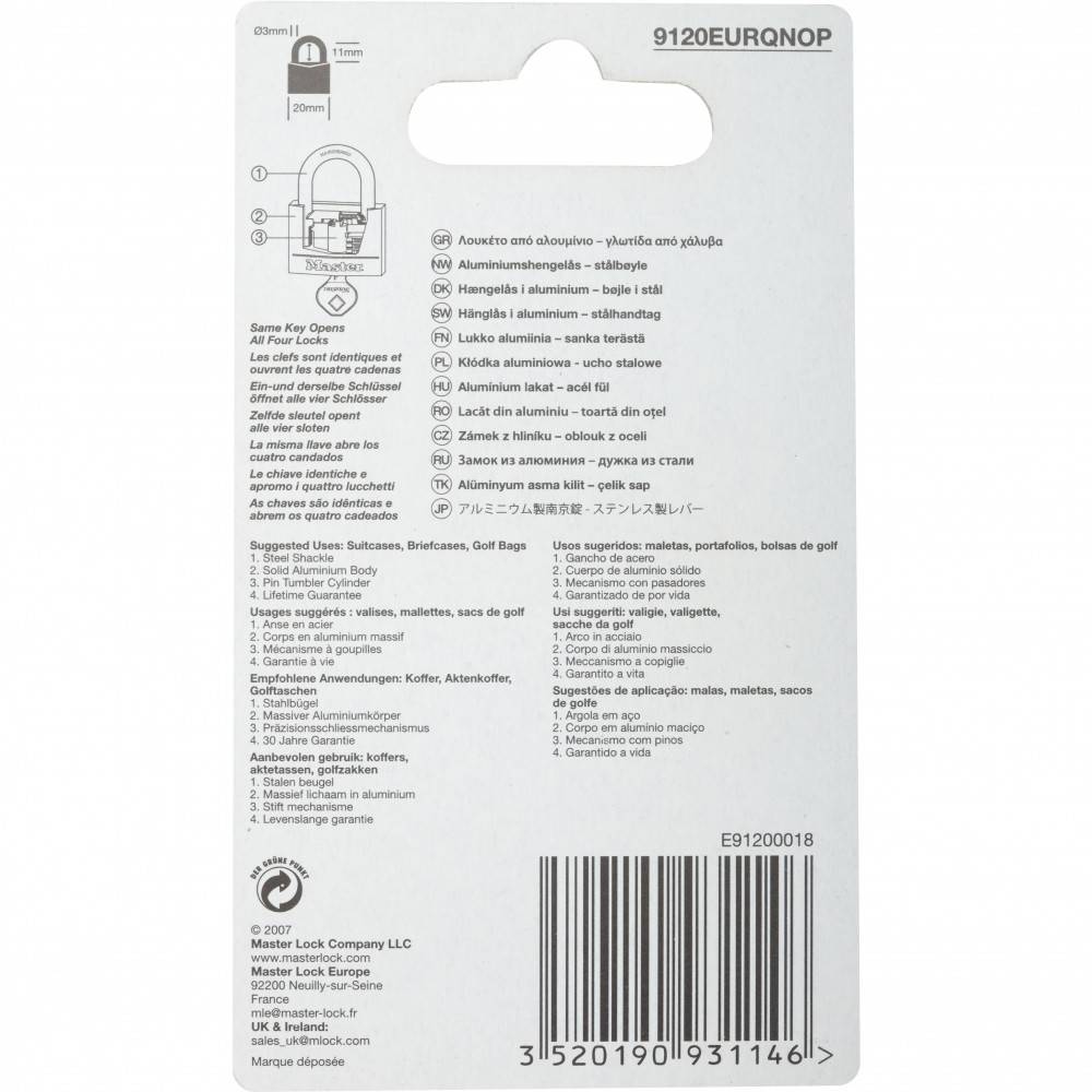 Master Lock - Lot de 4 cadenas à clé MASTER LOCK aluminium, l.20 mm - Image 8